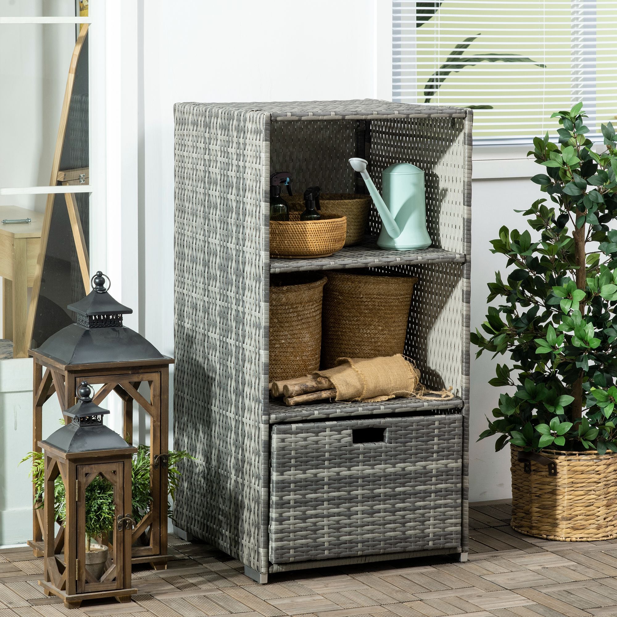 Valet Pool Towel Rack, Waterproof PE Plastic Rattan Wicker Storage Organizer, Indoor Outdoor Spa, and Hot Tub Accessory Storage, 2 Shelves, 1 Basket Drawer, Gray - Gray - Image 2