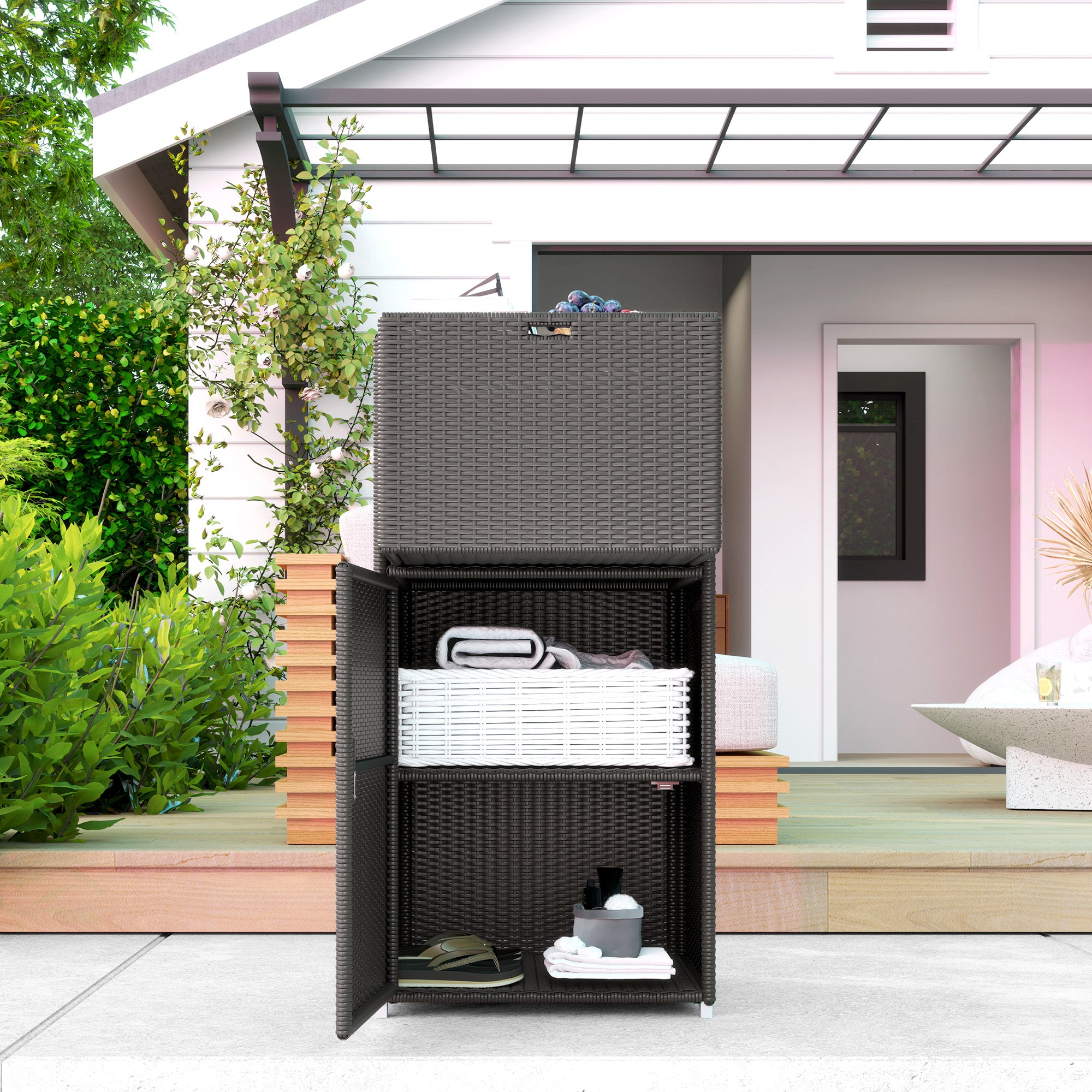 Outdoor Towel Rack for Pool w/ Drawer & Cabinet, Dark Brown - Brown - Image 7
