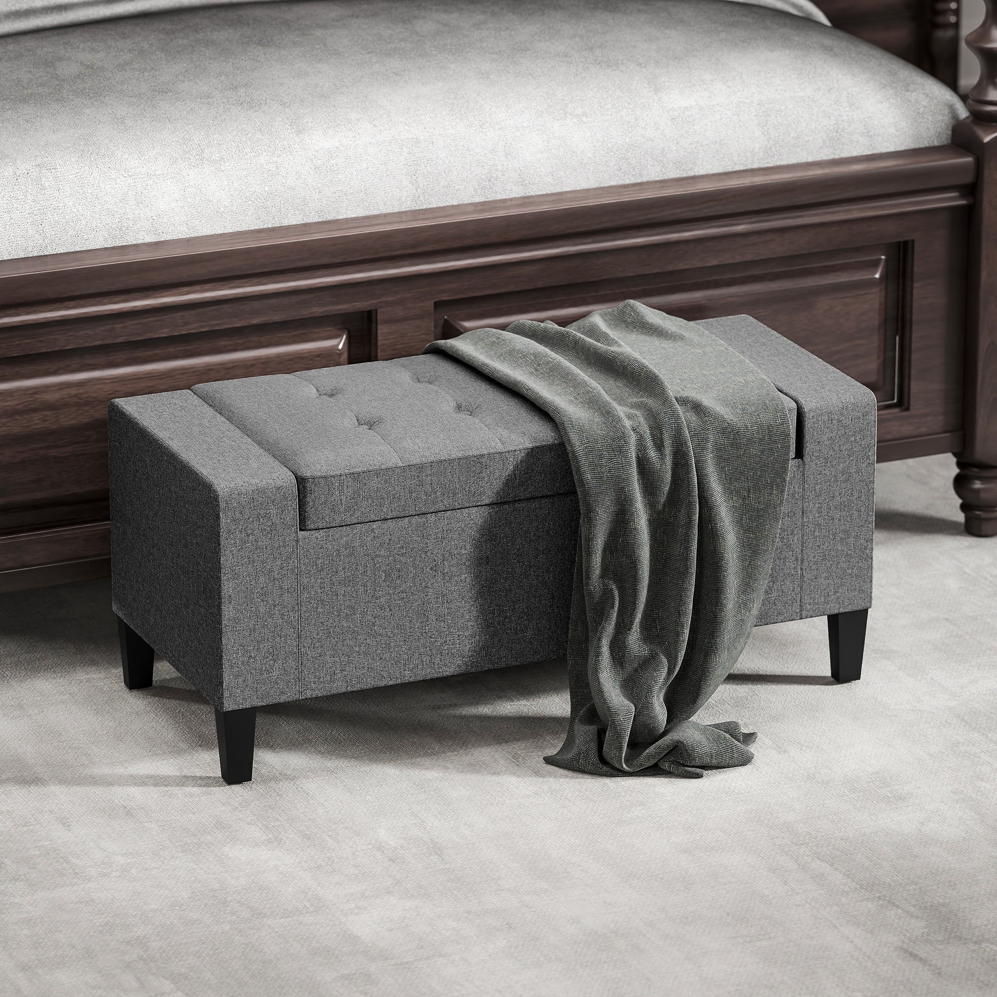 36" Ottoman with Storage, Storage Ottoman Bench with Lift Top and Rubberwood Legs, Linen Upholstered Entryway Bench with Seating for Living Room, Bedroom, Holds up to 330 lb, Gray