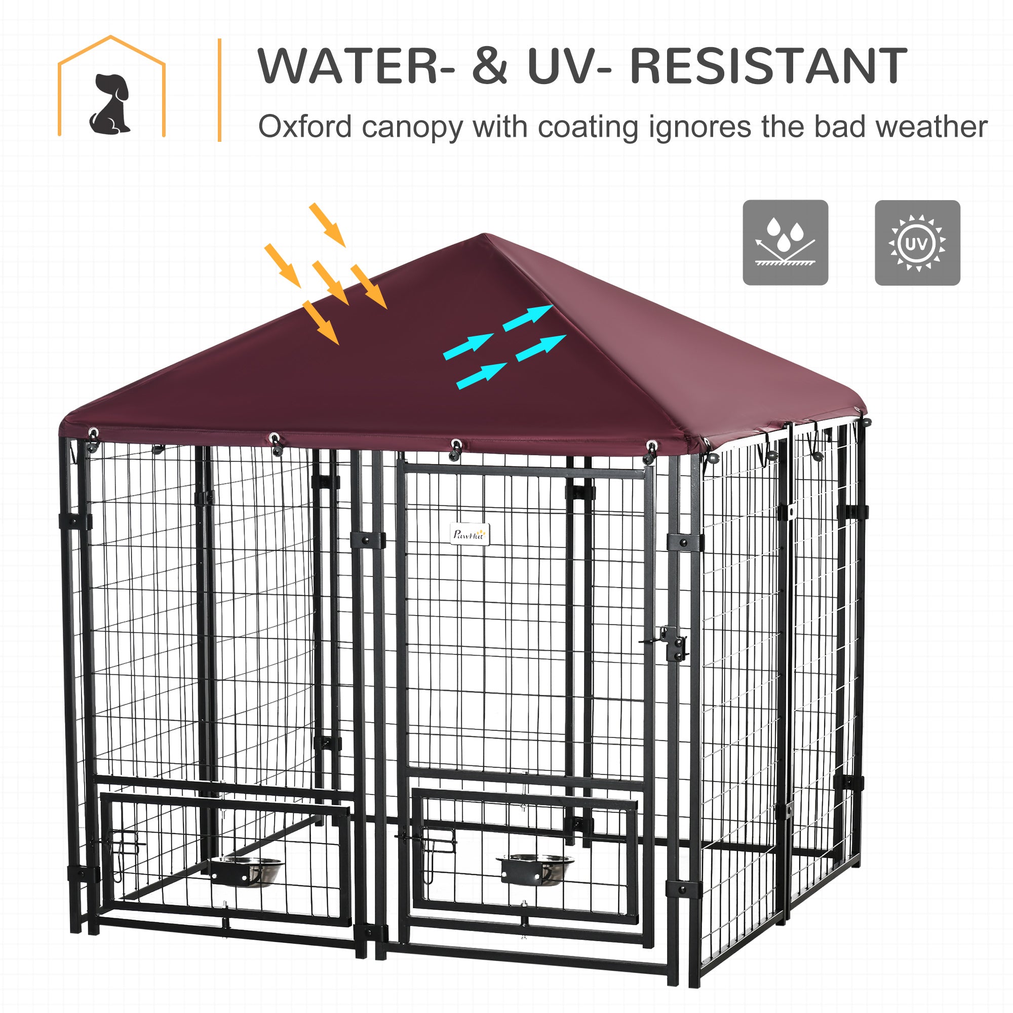 Outdoor Dog Kennel with Rotating Bowl Holders, Pet Playpen with Waterproof Cover, 4.6' x 4.6' x 5', Red - Red - Image 4