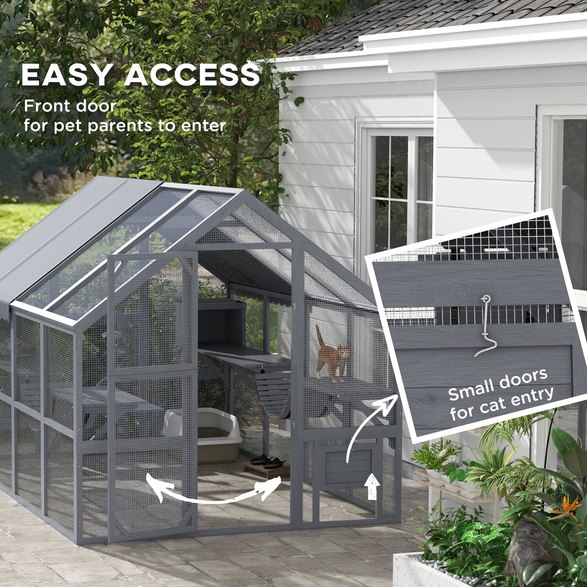 Wooden Catio Outdoor Cat Enclosure with Waterproof Cover, 2 Condos, 6 Platforms, Bridge, Doors, Gray - Gray - Image 7