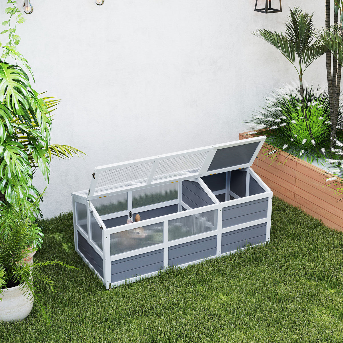 Wooden Tortoise Habitat Outdoor w/ Bottomless Design, Doors, PC Sun Panel Windows, for Small Animals, Rabbit, Light Gray