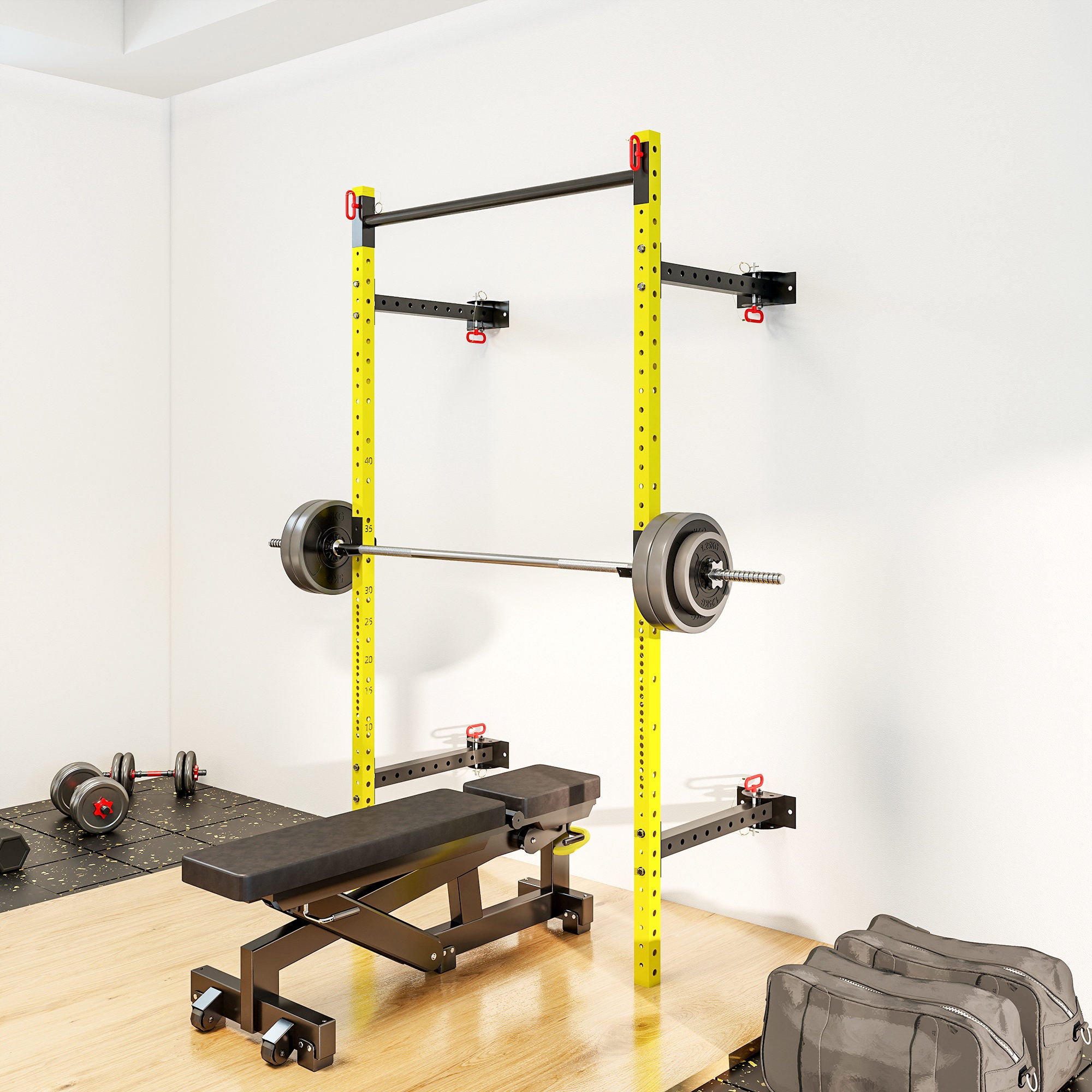 Folding Squat Rack with Pull Up Bar, Wall Mounted and Adjustable, 1000 Pounds Capacity Power Rack, Yellow
