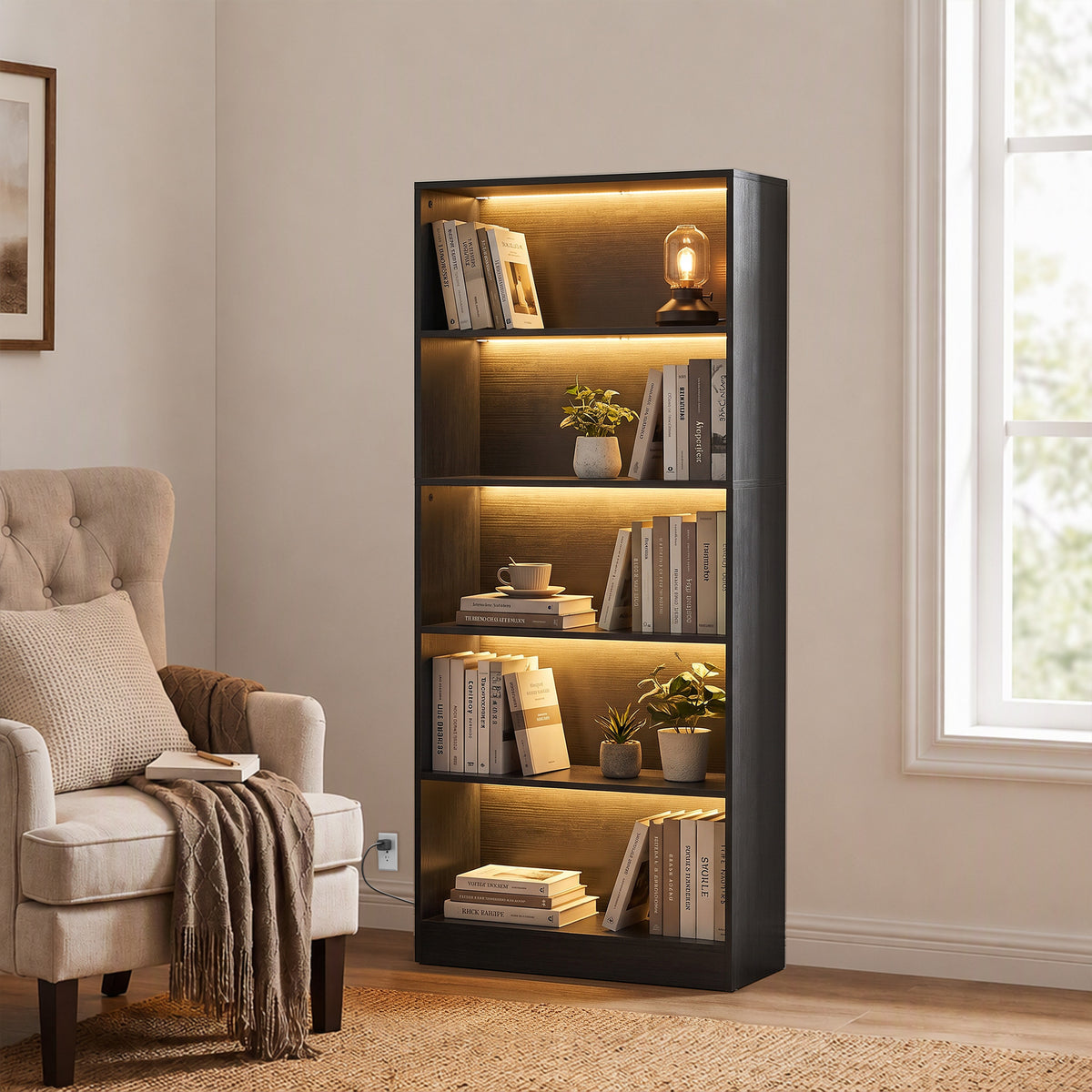 Bookshelf with LED Lights, 5-Tier Bookcase, Cable Holes, for Living Room, Study, Black Wood Grain