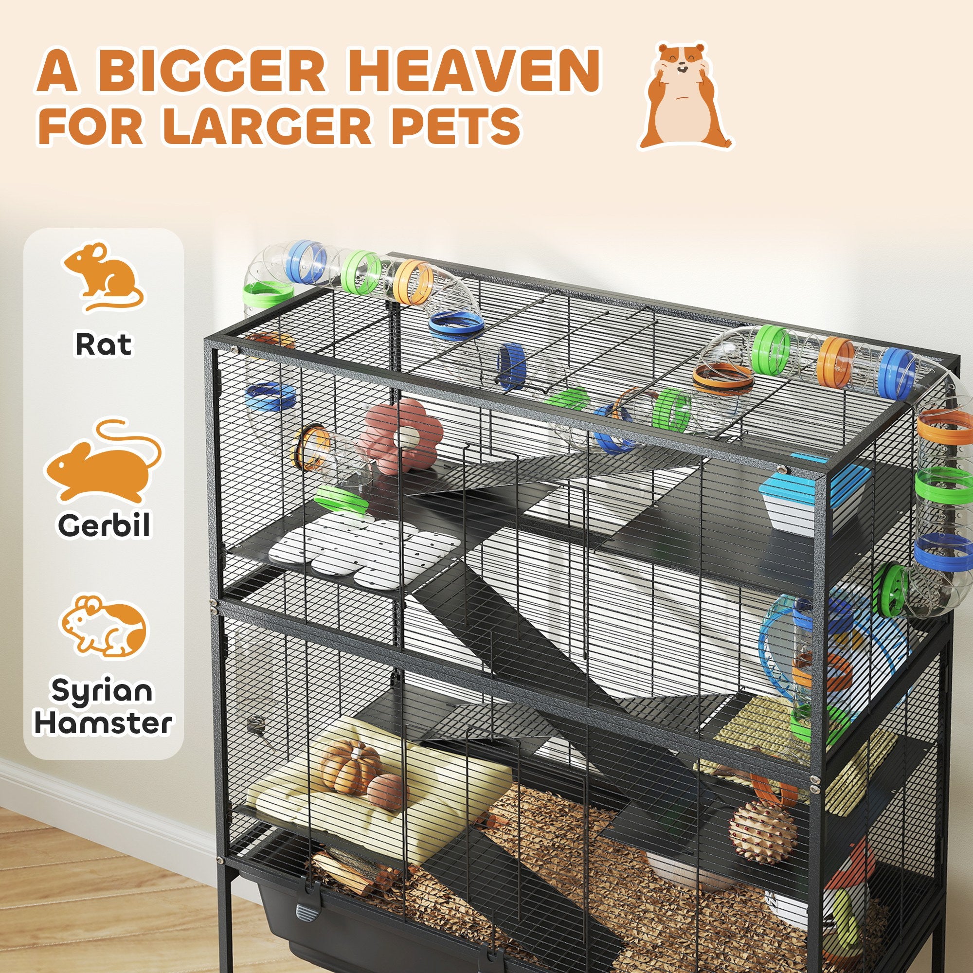 5 Tier Hamster Cage, Rolling Rat Cage with Deep Tray, Storage Shelf, Big Exercise Wheel, Hut, Tube System - Black - Image 4