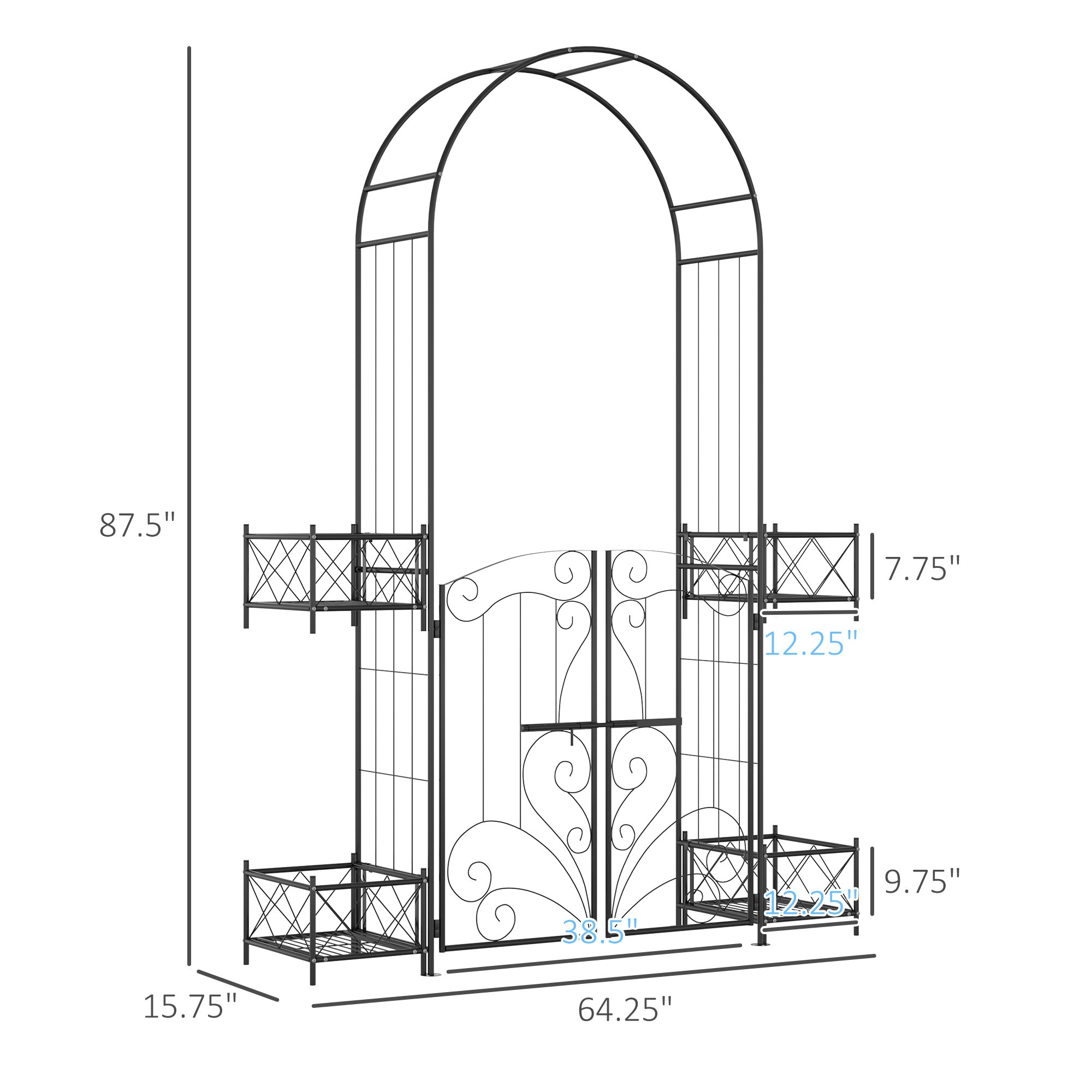 7' Garden Arch Arbor, Metal Arch Trellis with Gate, Garden Archway for Climbing Vines, Wedding Ceremony Decoration, Black - Black - Image 3