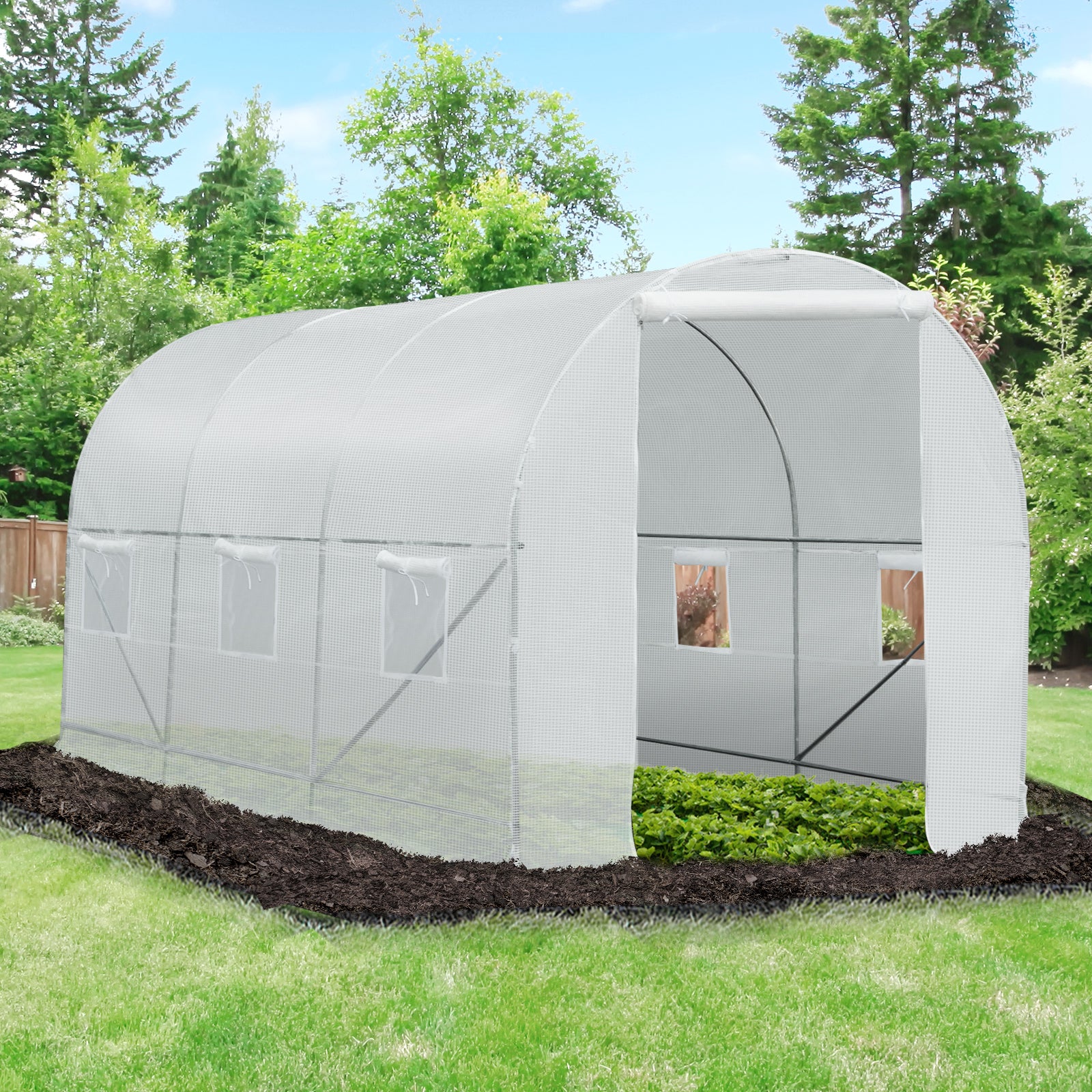 15' x 7' x 7' Walk-In Tunnel Greenhouse, Large Garden Hot House Kit with 6 Roll-up Windows & Roll Up Door, Steel Frame, White - White - Image 7