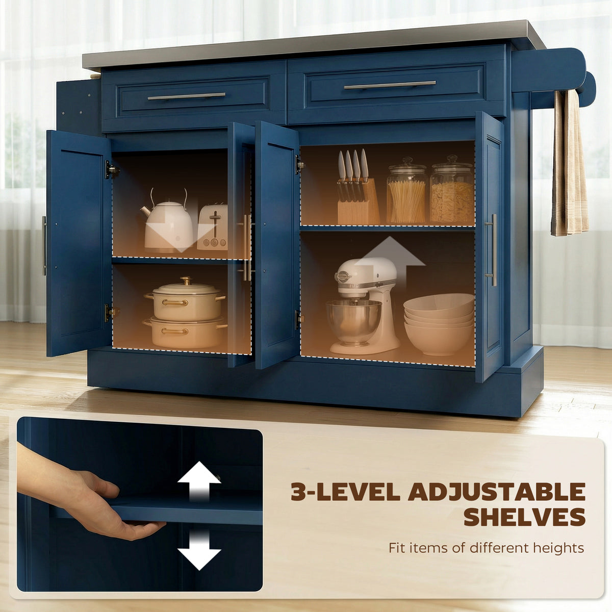Rolling Kitchen Island with Stainless Steel Top, 2 Drawers, Spice, Knife and Towel Rack and Cabinets, Navy Blue