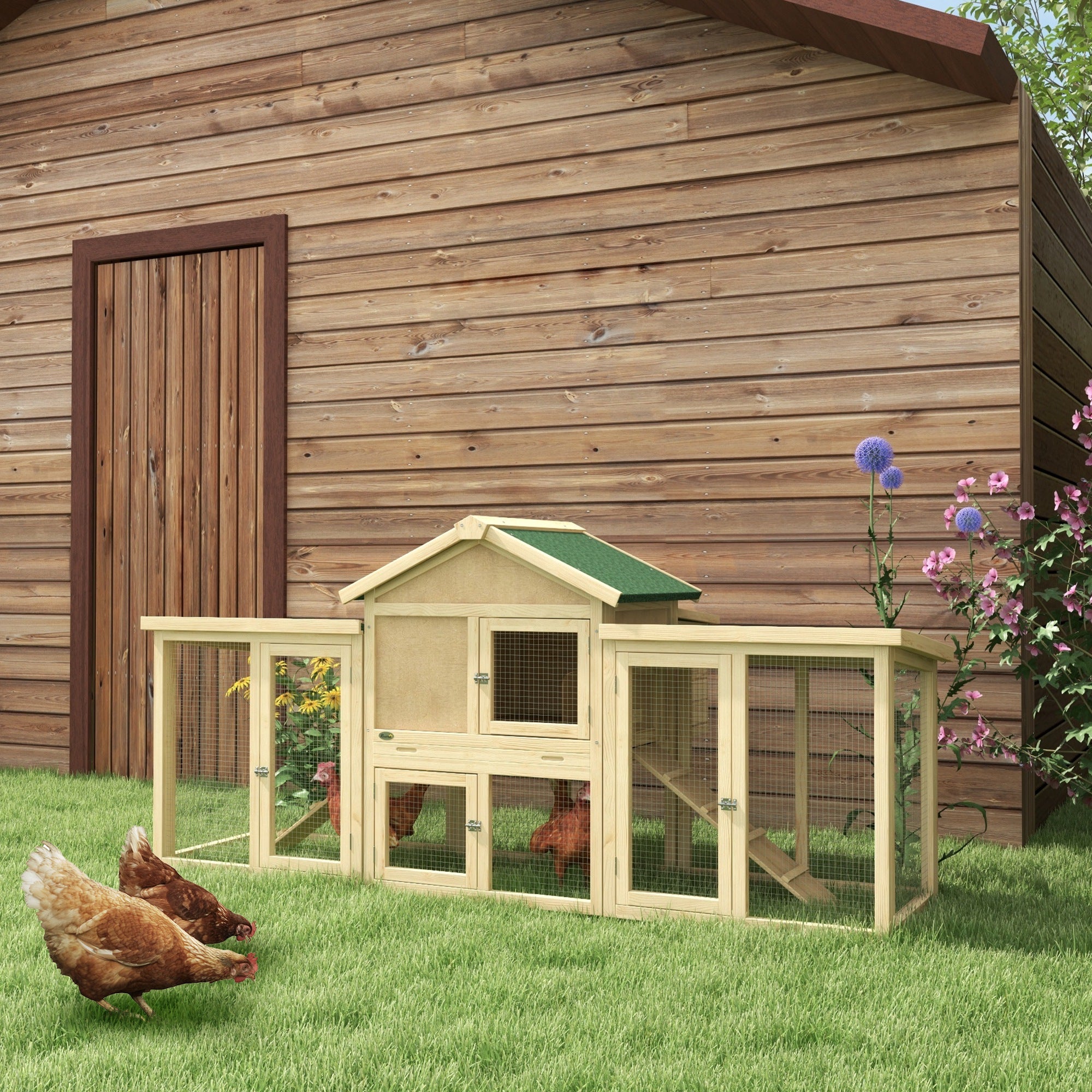 Wooden Chicken Coop ith Nesting Box, Double Runs, Removable Tray, Ramps, for Garden Backyard - Natural Wood - Image 2