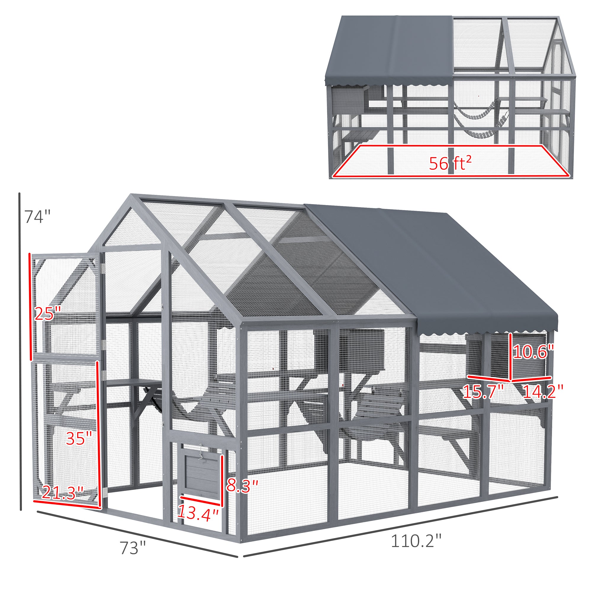 Wooden Catio Outdoor Cat Enclosure with Waterproof Cover, 2 Condos, 6 Platforms, Bridge, Doors, Gray - Gray - Image 3