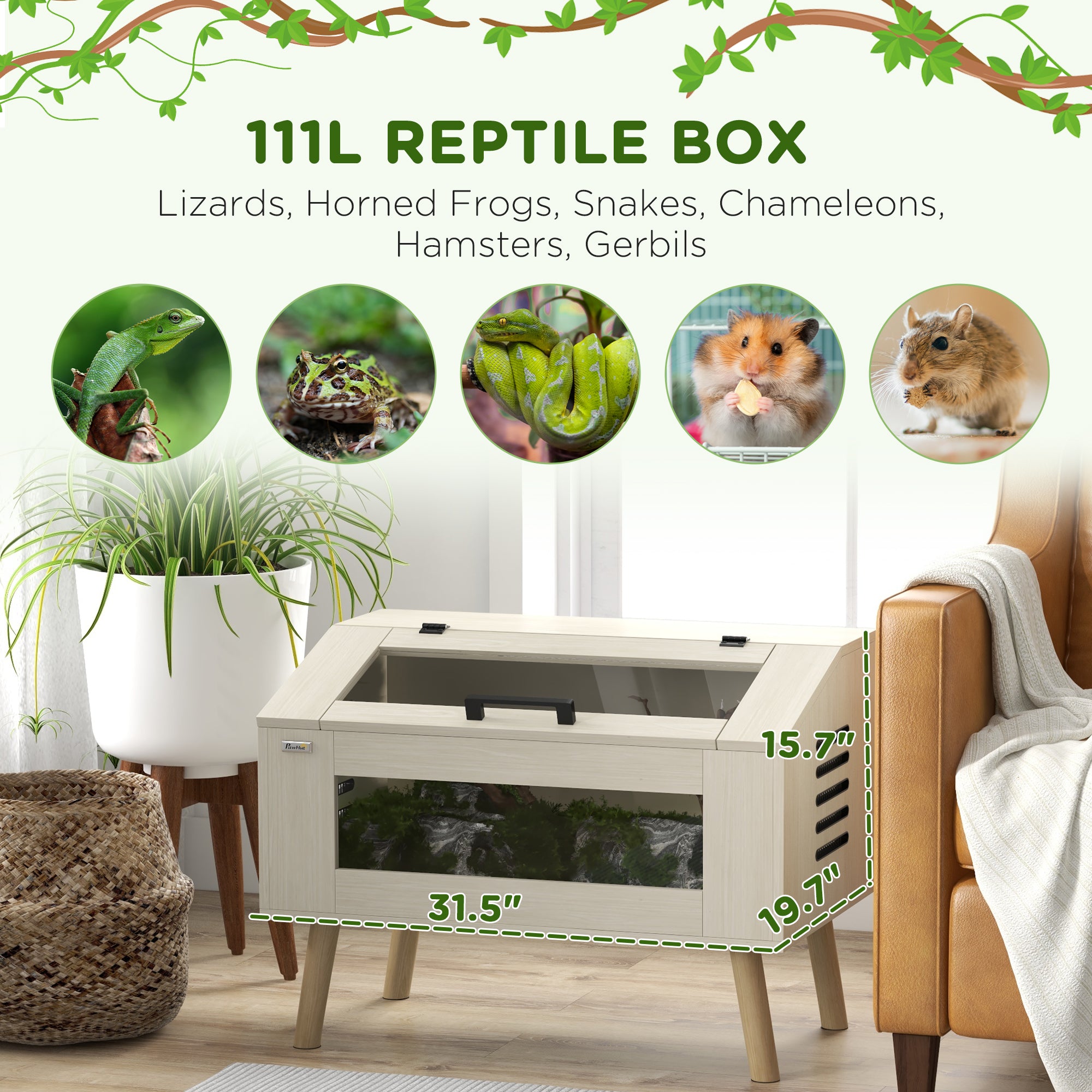 30 Gallon Reptile Tank, Top Opening Reptile Enclosure with Glass Windows for Snakes, Lizards Horned Frogs & Chameleons - Oak - Image 4