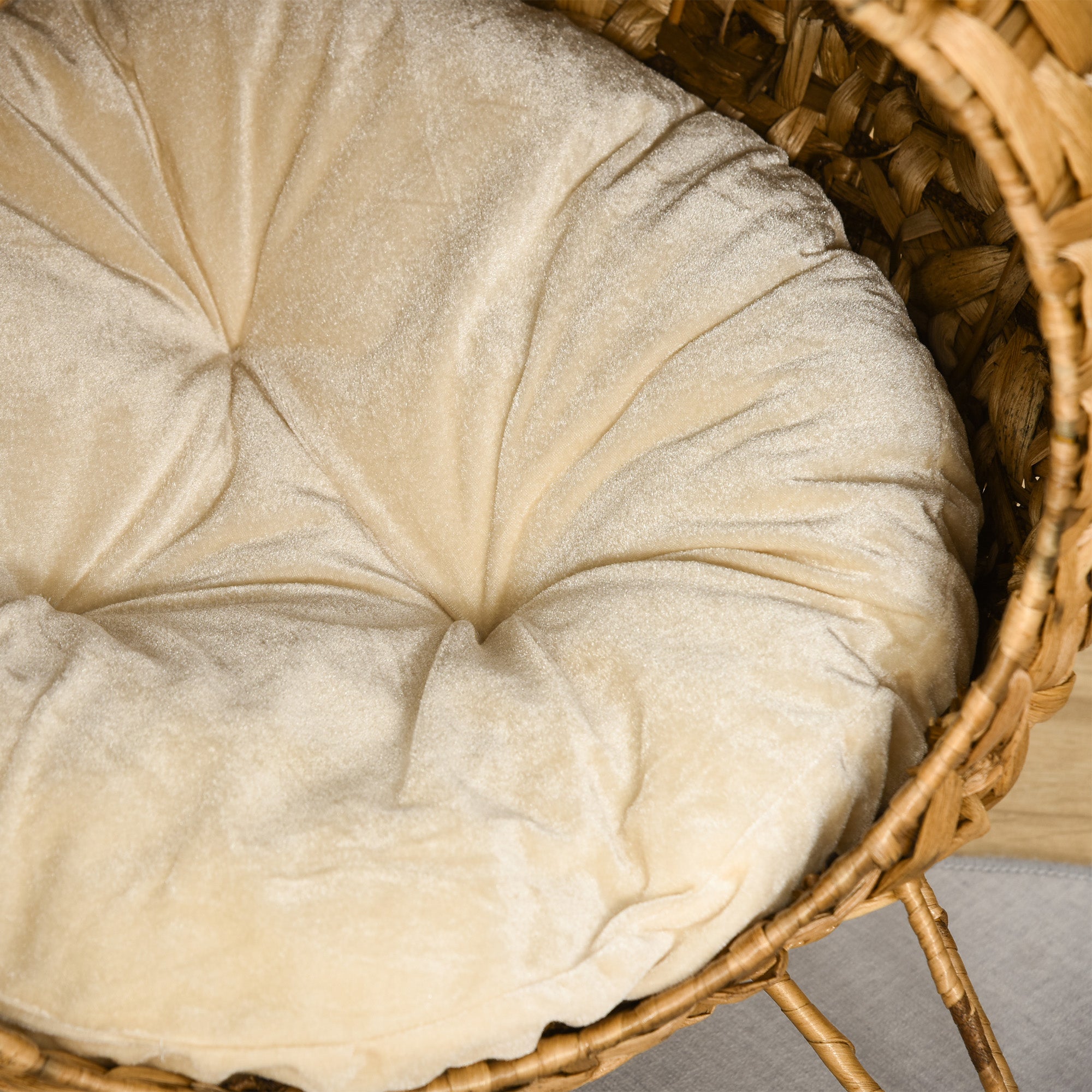 20.5" Weaved Cat Bed, Elevated Hand-woven Braided Banana Leaf Kitten House Condo with Cushion, Natural - Natural Wood - Image 8