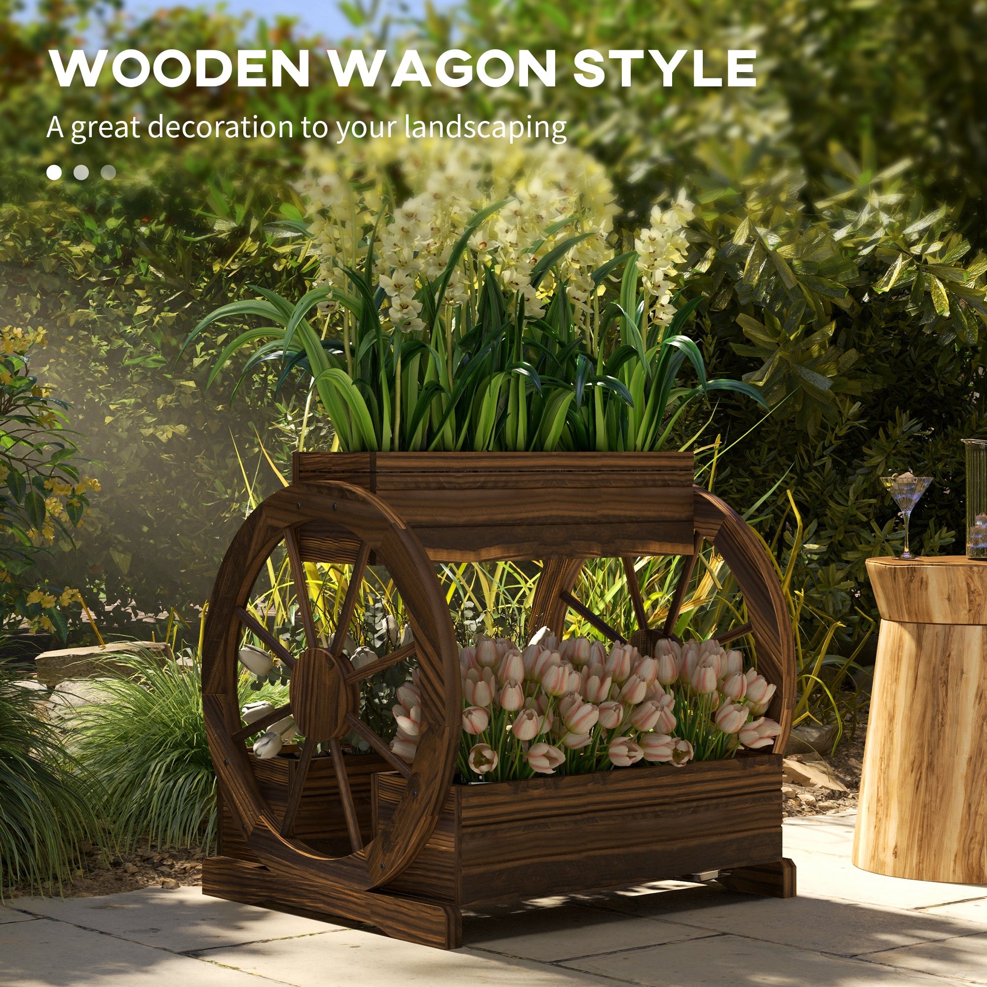 Wooden Wagon Planter Box, 3-Tier Raised Garden Bed, for Vegetables Flowers Herbs, 25" x 21" x 24" - Carbonized - Image 4