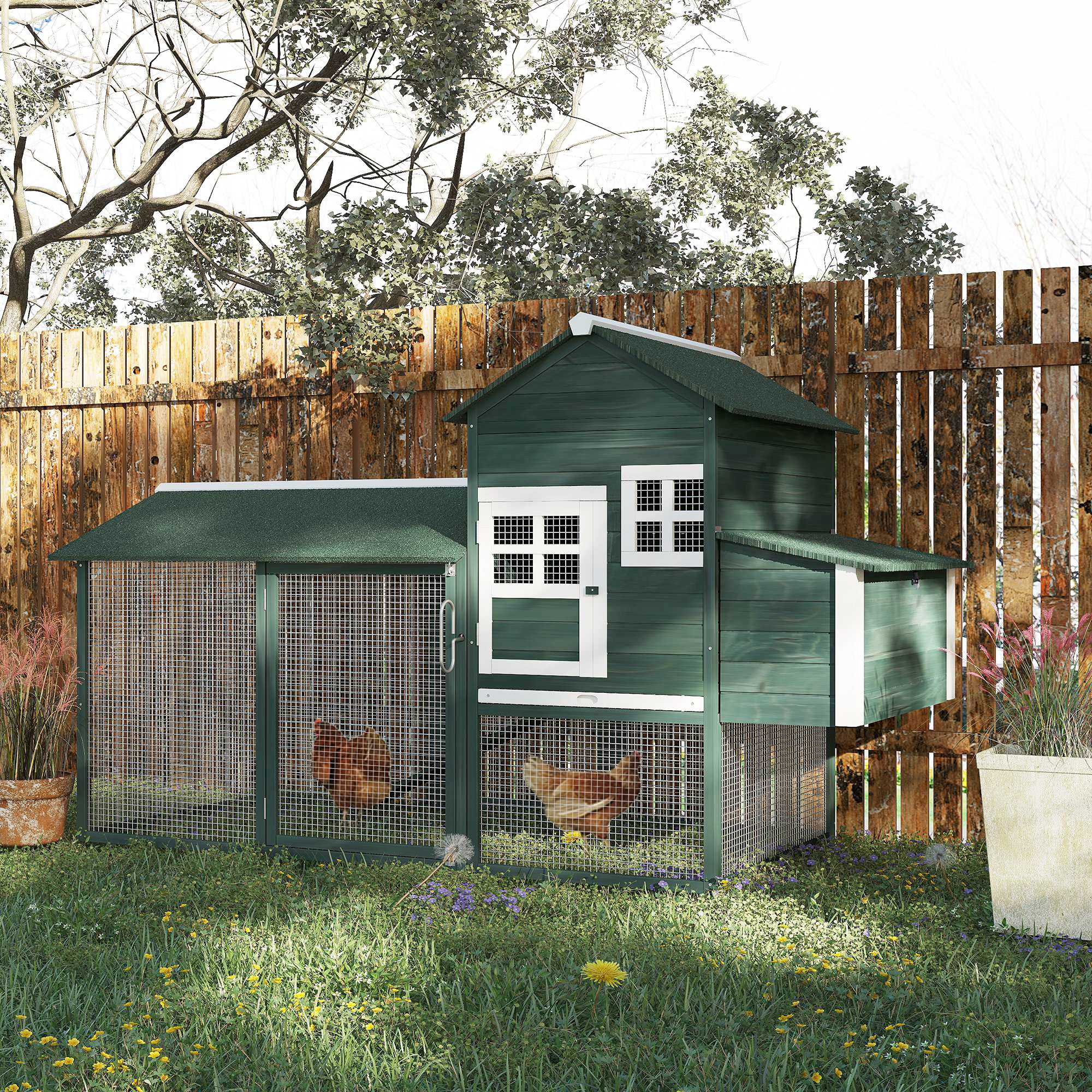 84" Wooden Chicken Coop, Hen House Outdoor with Run Nesting Box, Asphalt Roof, Removable Tray, Ramp, Poultry Cage for 2-3 Chickens, Green - Green - Image 2