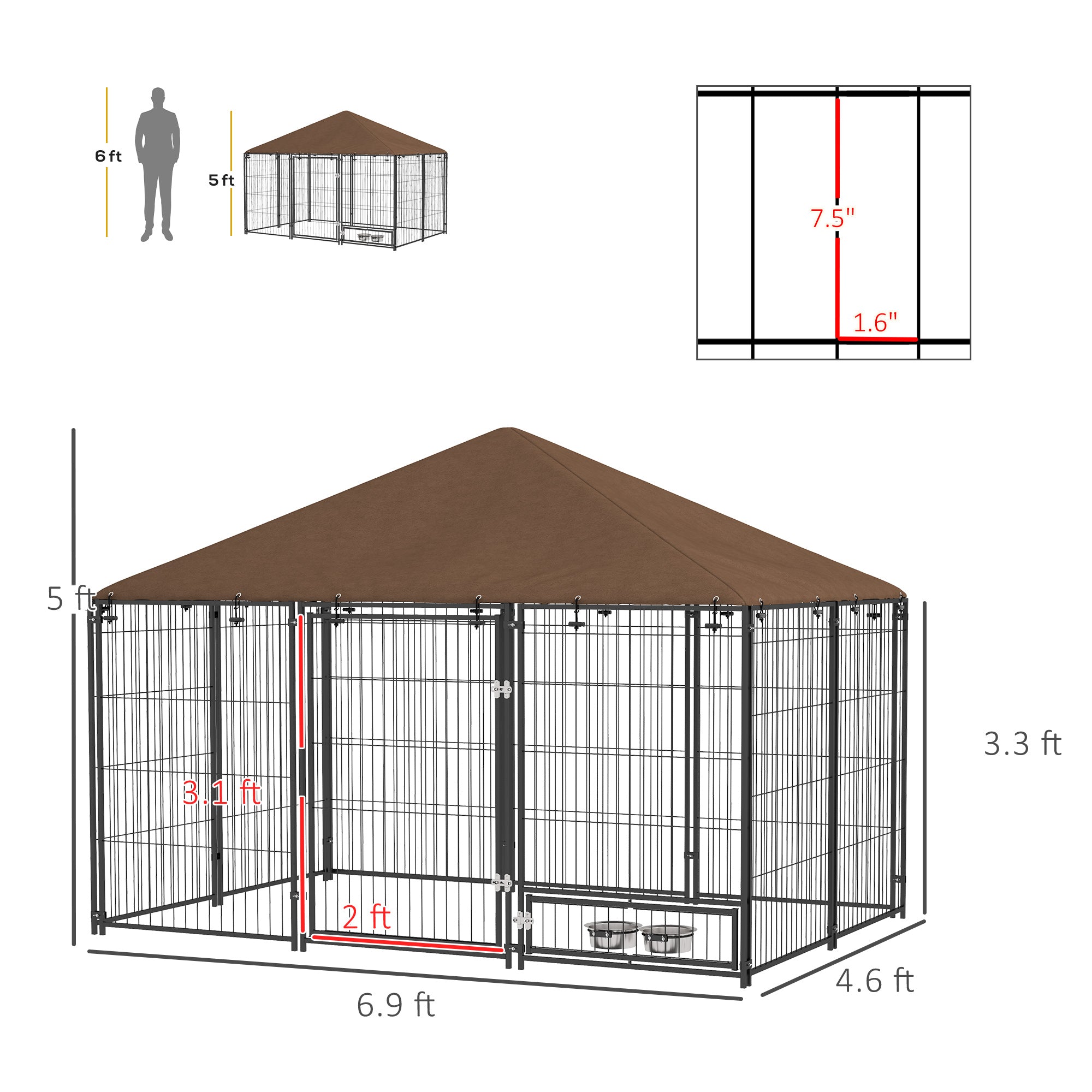 Outside Dog Kennel, 6.9' x 4.6' x 5' Puppy Play Pen with Canopy, Garden Playpen Fence Crate with Rotating Bowl, Black - Black - Image 3