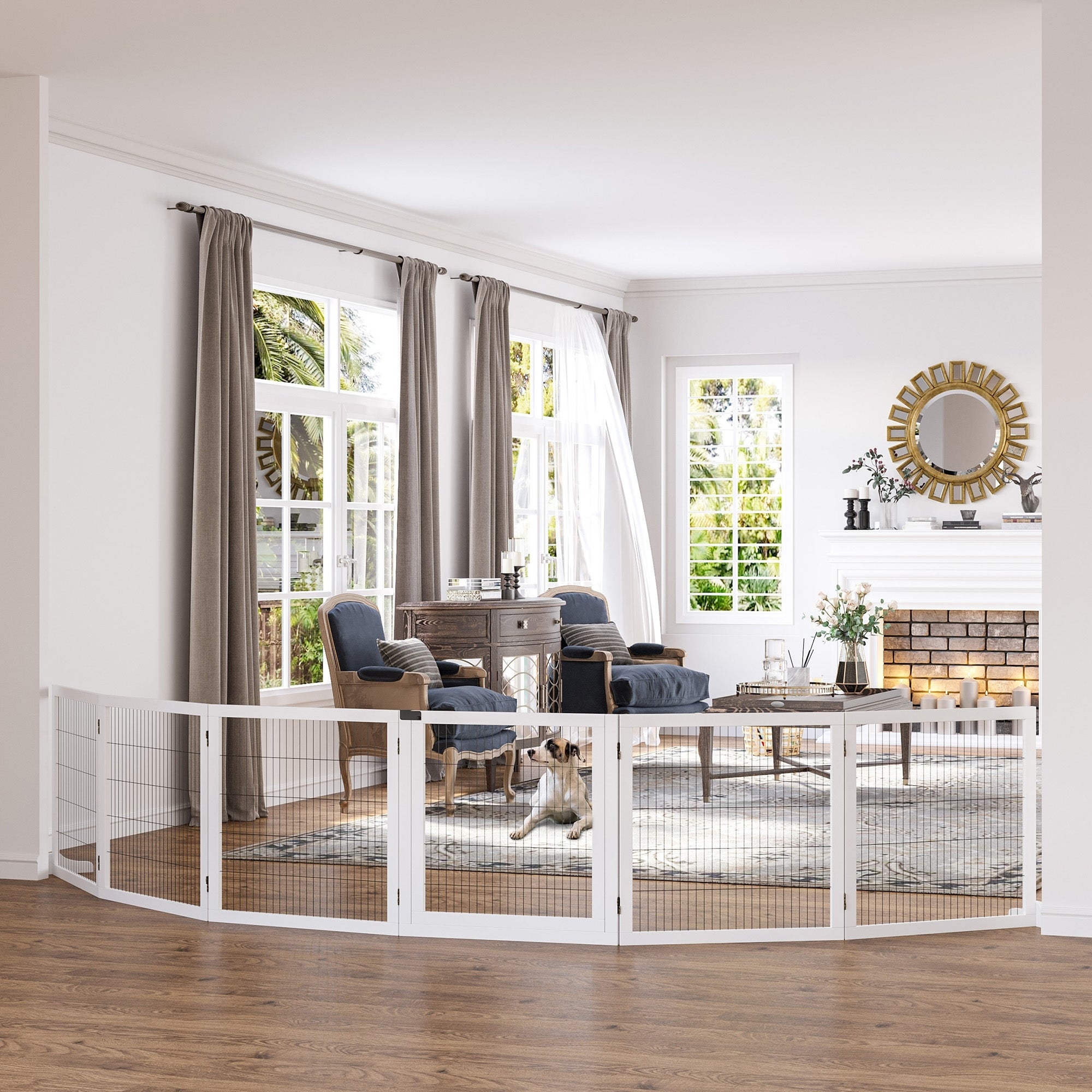 Wooden Pet Gate, 6-Panel Folding Dog Safety Barrier with Support Feet for Small & Medium Dogs, White - White - Image 2