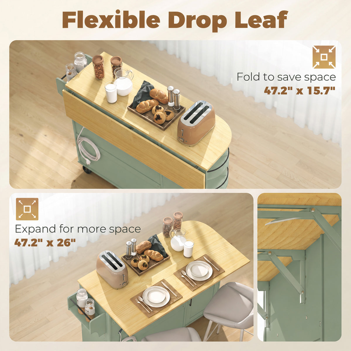 53" Kitchen Island with Power Outlet and Drop Leaf, Kitchen Cart on Wheels with 360° Rotating Rack, Sage Green