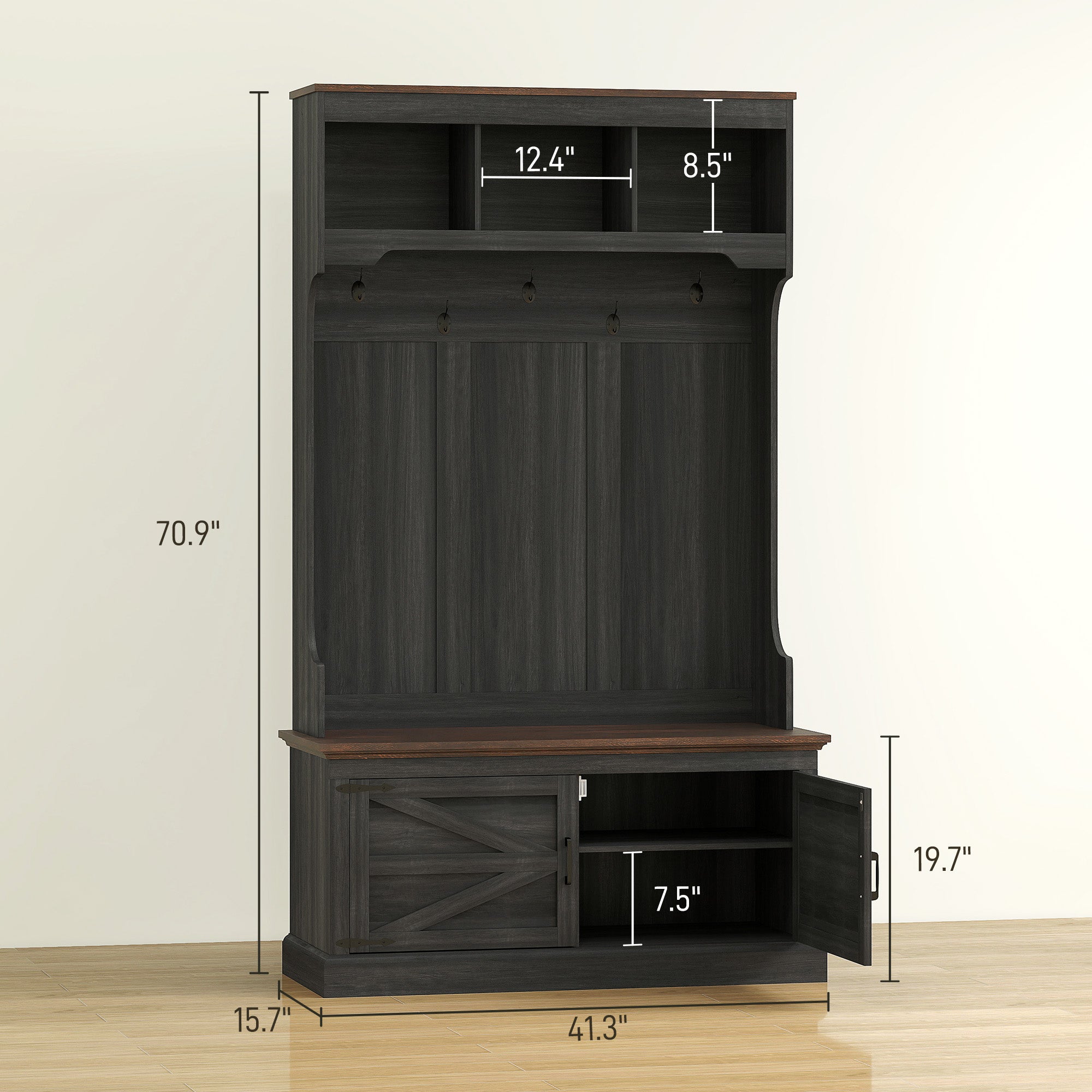 3-in-1 Hall Tree with Shoe Storage, Coat Rack with Bench, Entryway Furniture with Five Hooks, Black Wood Grain