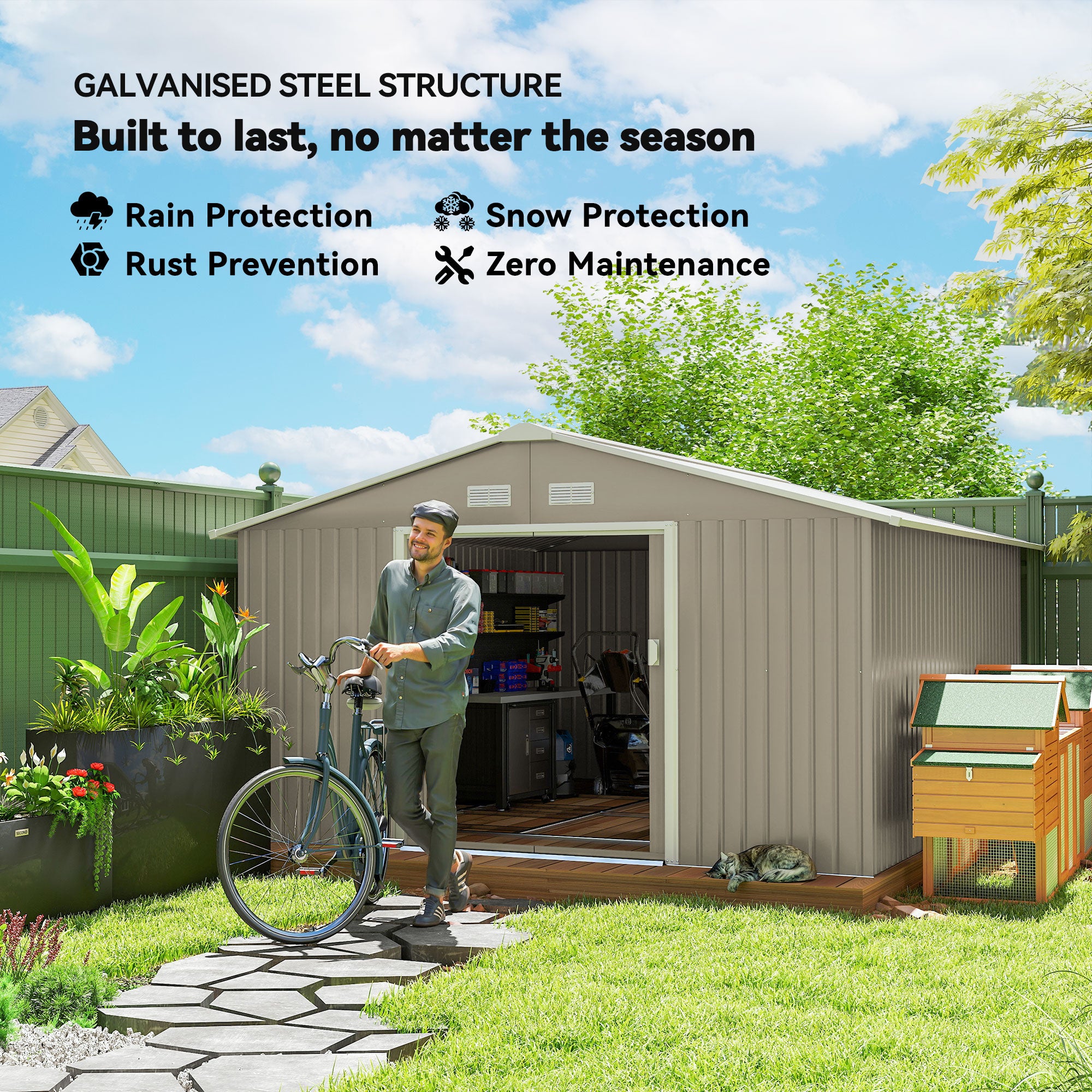 Garden Metal Shed, Storage Shed Utility Storage with Double Locking Doors for Bike, Yard Tools, Light Gray - Light Gray - Image 4