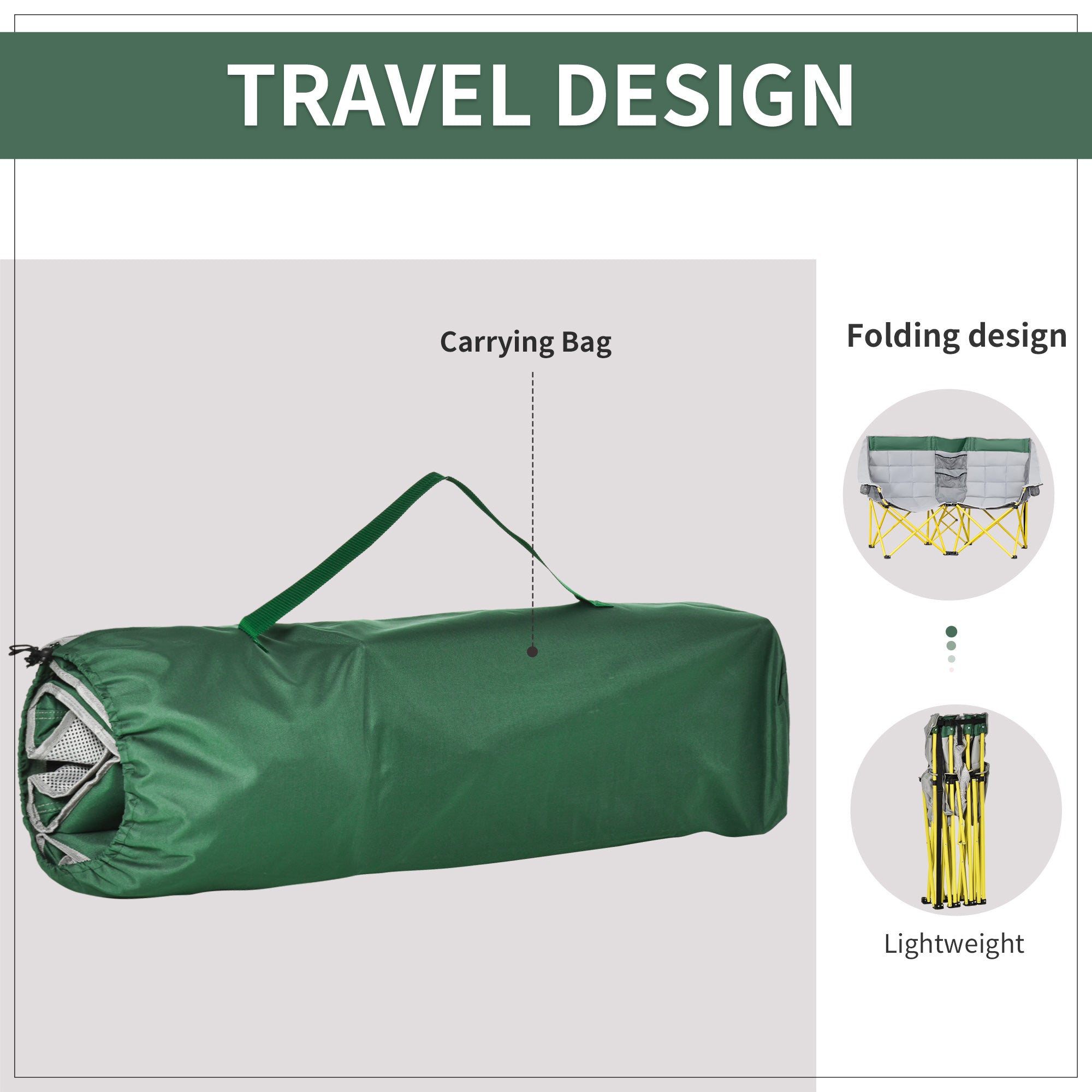 Loveseat Style Camping Chair, Oversized Folding Lawn Chair with Carry Bag & Cup Holders, for Outdoor, Beach, Picnic, Hiking, Travel, Green & Gray