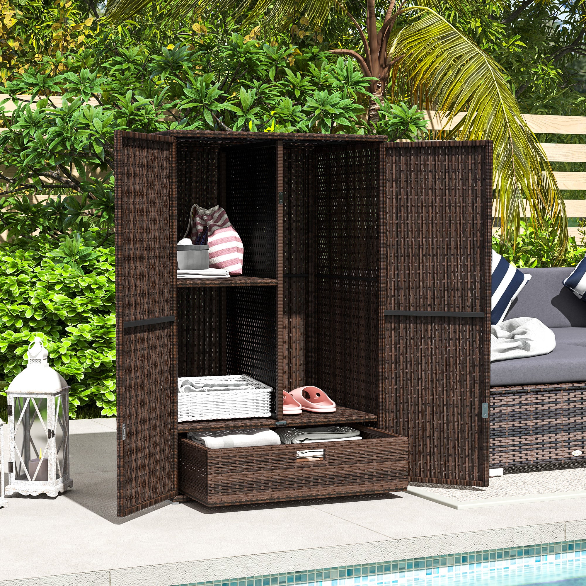Outdoor Storage Cabinet with Shelves, Rattan Pool Towel Storage Cabinet with Removable Shelf & Drawer, Mixed Brown - Brown - Image 2