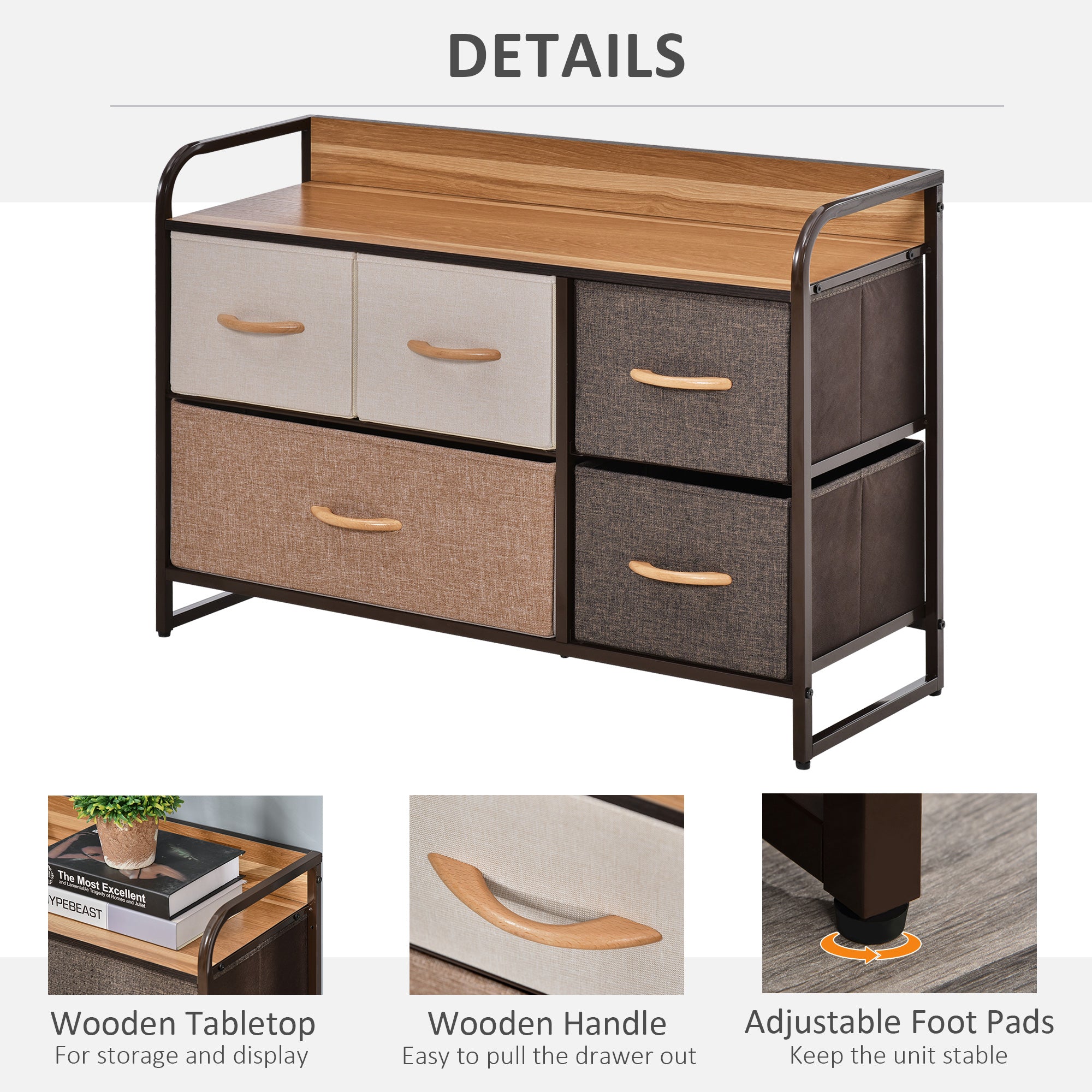 5-Drawer Dresser, 2-Tier Storage Tower with Steel Frame for Bedroom, Nursery Room, Multicolored