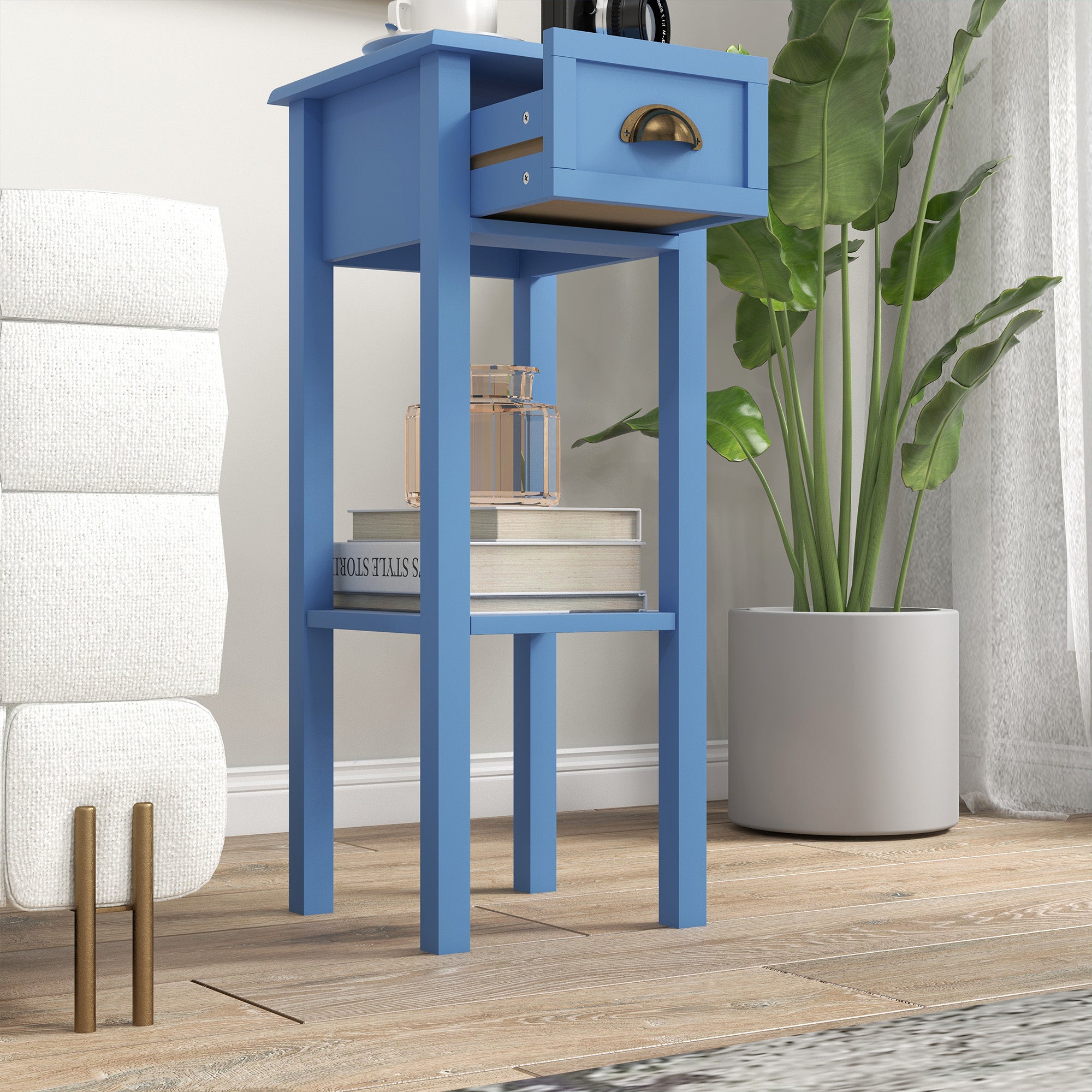 2-Tier Side Table with Drawer and Shelf, End Table for Living Room and Hallway, Light Blue