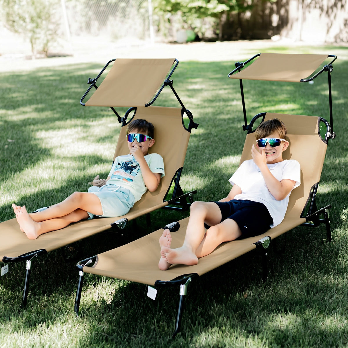 Chaise Lounge Pool Lounge Chairs Set of 2, Outdoor Sun Tanning Chairs, Reclining Back, Steel Frame and Side Pocket, Tan
