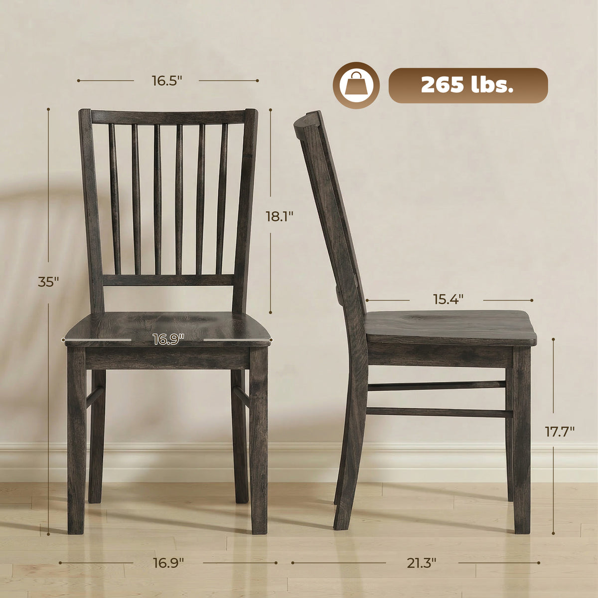 Dining Chairs Set of 2 Ergonomic Solid Wood, Armless Kitchen Chairs with Rubberwood Legs, Charcoal Gray