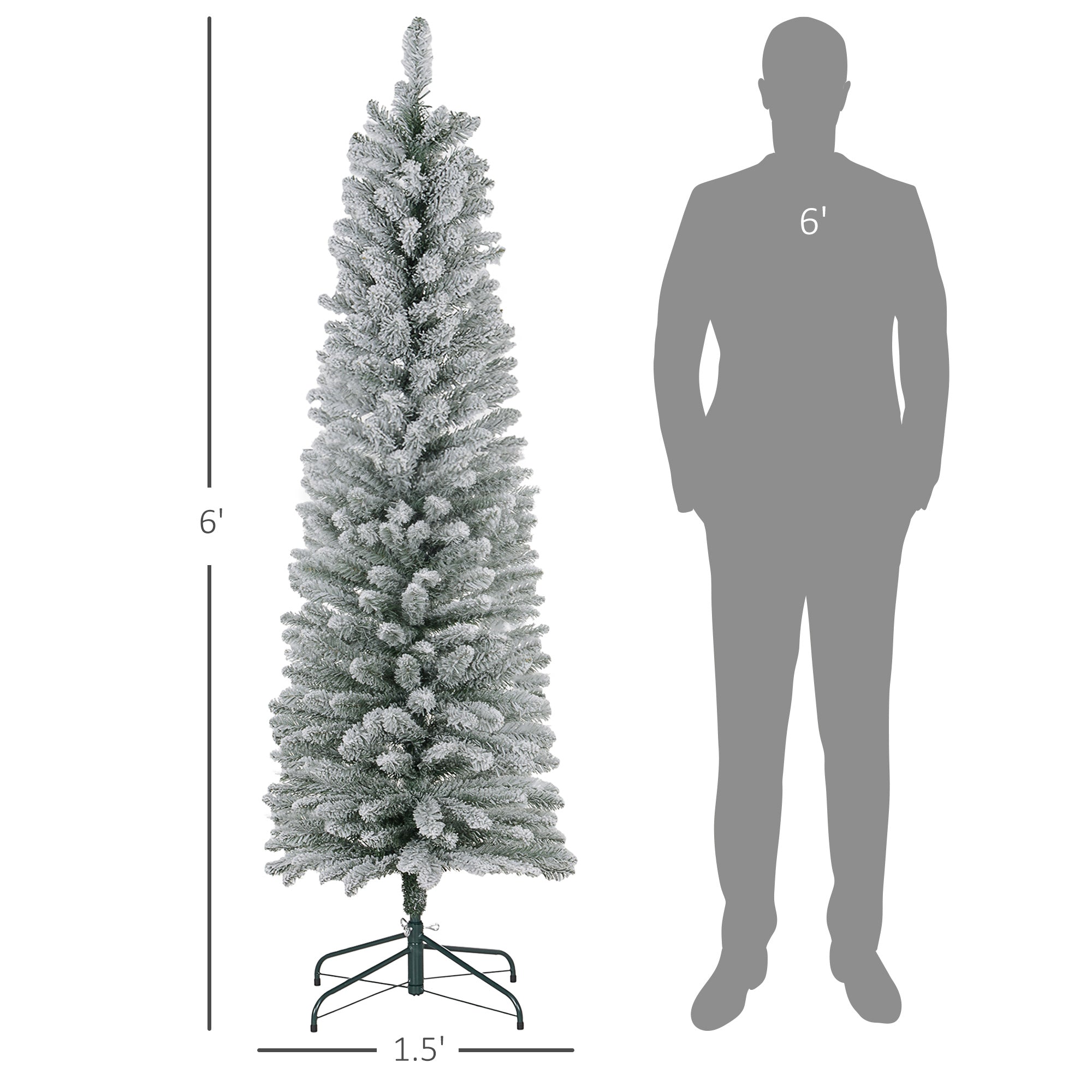 6ft Artificial Christmas Tree, Snow Flocked Branches, Metal Base, Pencil Xmas Tree