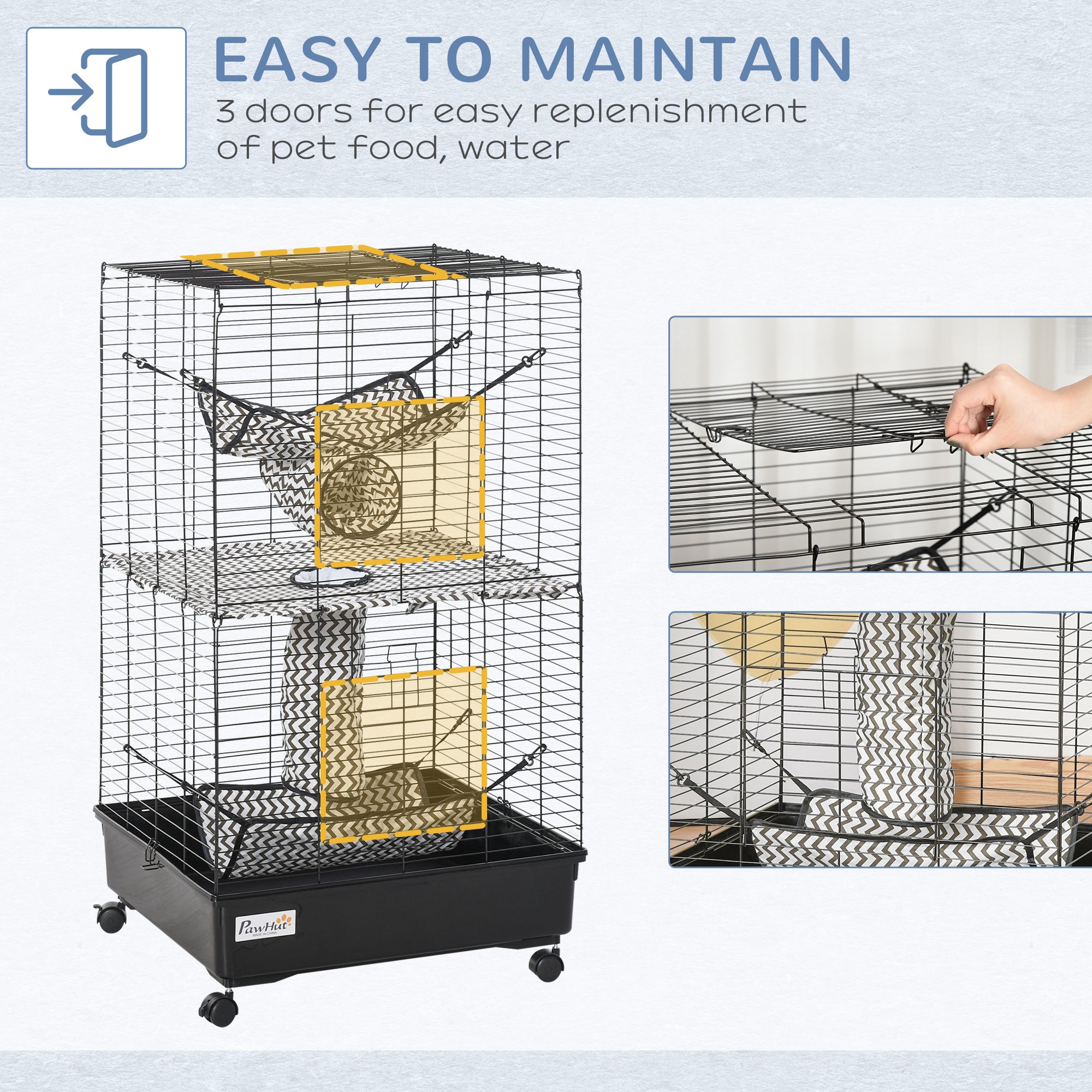 42" Ferret Cage, Small Animal Habitat Metal Pet Cage with Wheels Brakes, Hammocks, Hanging Tunnels, and 3 Doors, Black - black - Image 6