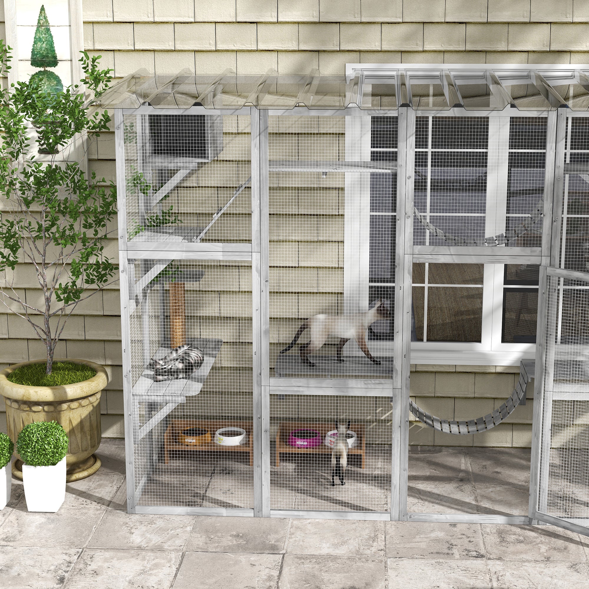 Catio Playground Cat Window Box Outside Enclosure for Multiple Cats w/ Shelves & Bridges, Gray - Gray - Image 8