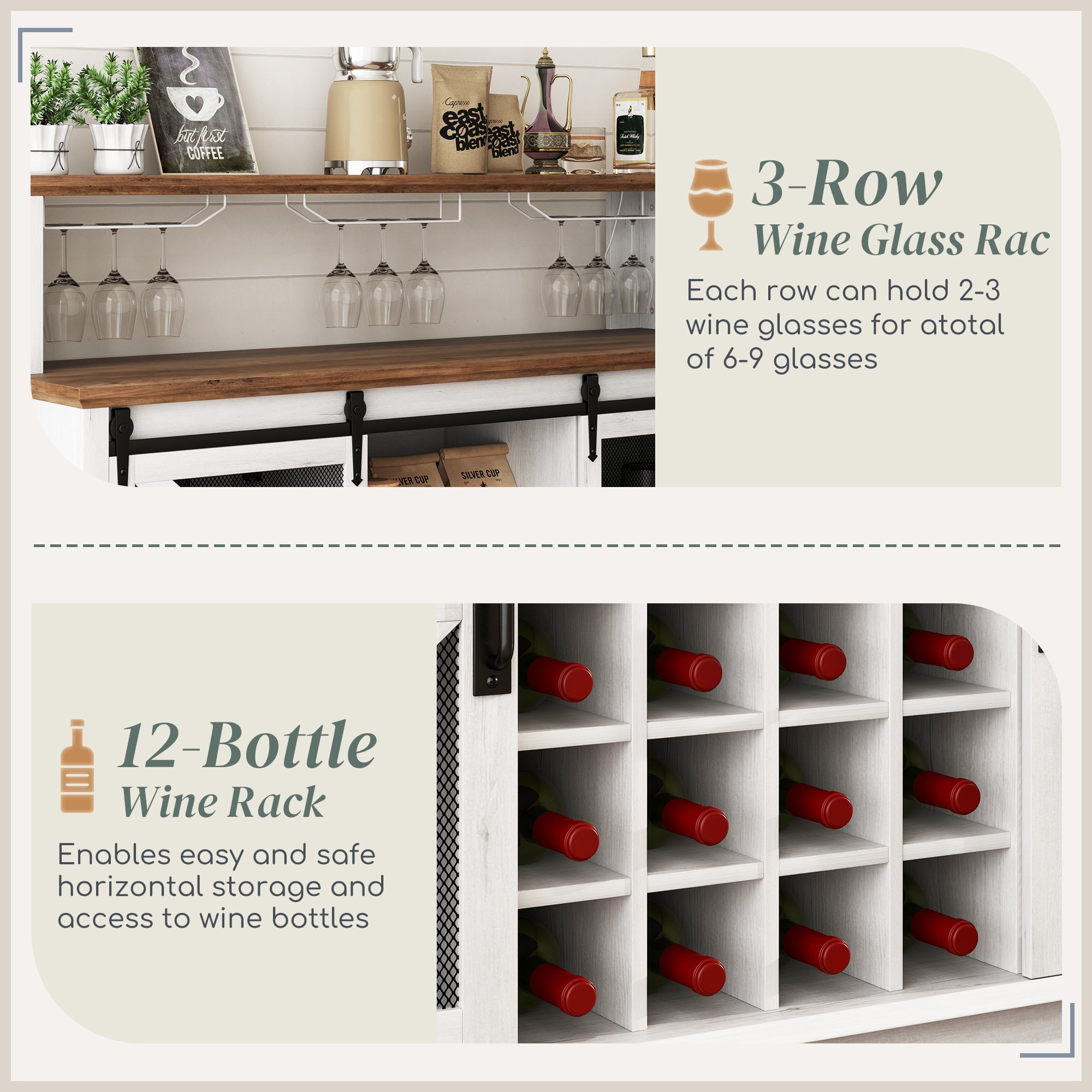 55" Coffee Bar Cabinet with Lights, Farmhouse Wine Cabinet with Wine and Glass Racks for Kitchen, Dining Room, White
