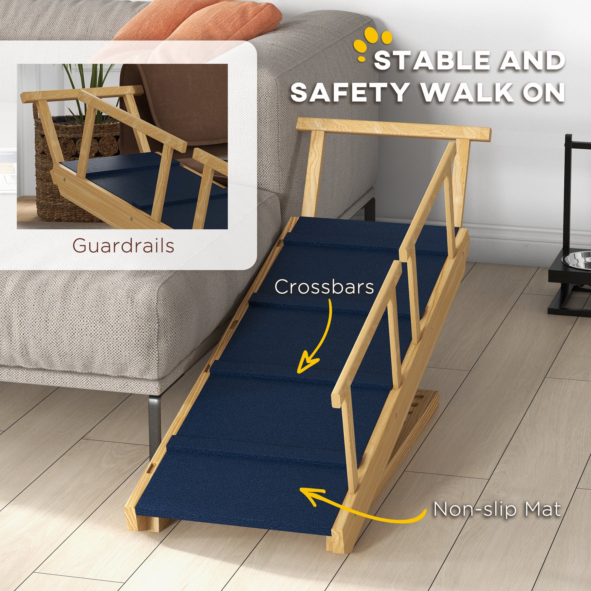 Dog Ramp, Adjustable Height Pet Steps, Foldable Dog Stairs with Non-slip Mat for Small to Large Dogs - Natural Wood - Image 8