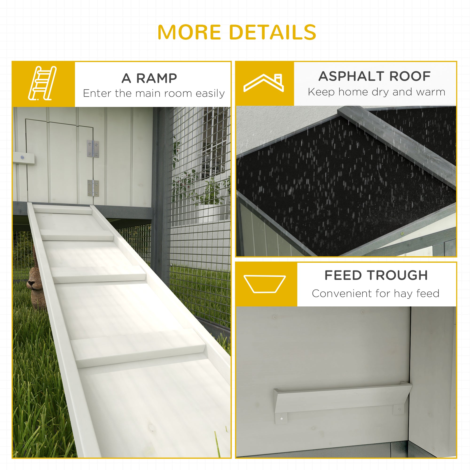 Large Rabbit Cage Outdoor 61"L Guinea Pig Hutch w/ Run Feeding Trough Removable Tray Ramp Asphalt Roof, White - White - Image 7