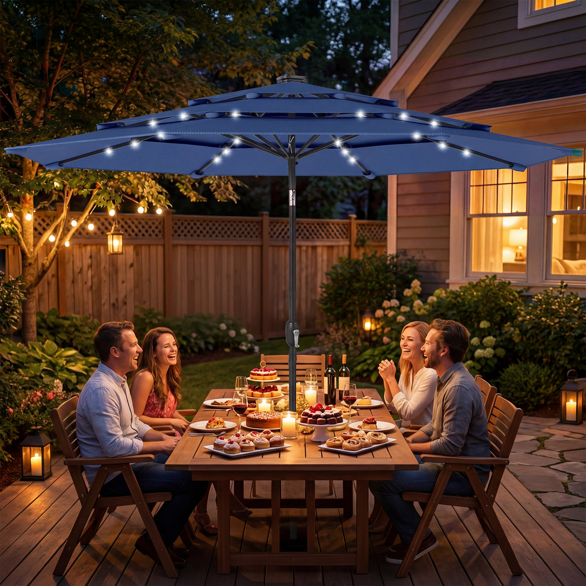 9.7 ft Outdoor Patio Umbrella with Solar LED Lights, 3 Tier Outdoor Table Umbrella with Tilt, Crank, Navy Blue