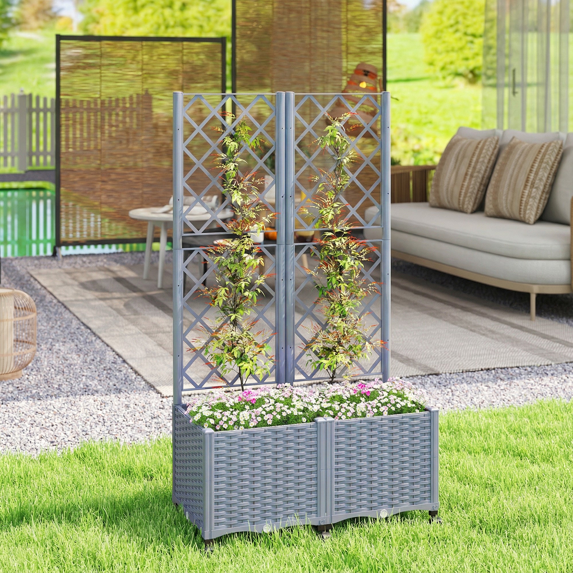 Planter Box with Trellis, Self Watering Raised Garden Bed with Lockable Wheels and Drainage Holes, Gray - Gray - Image 2