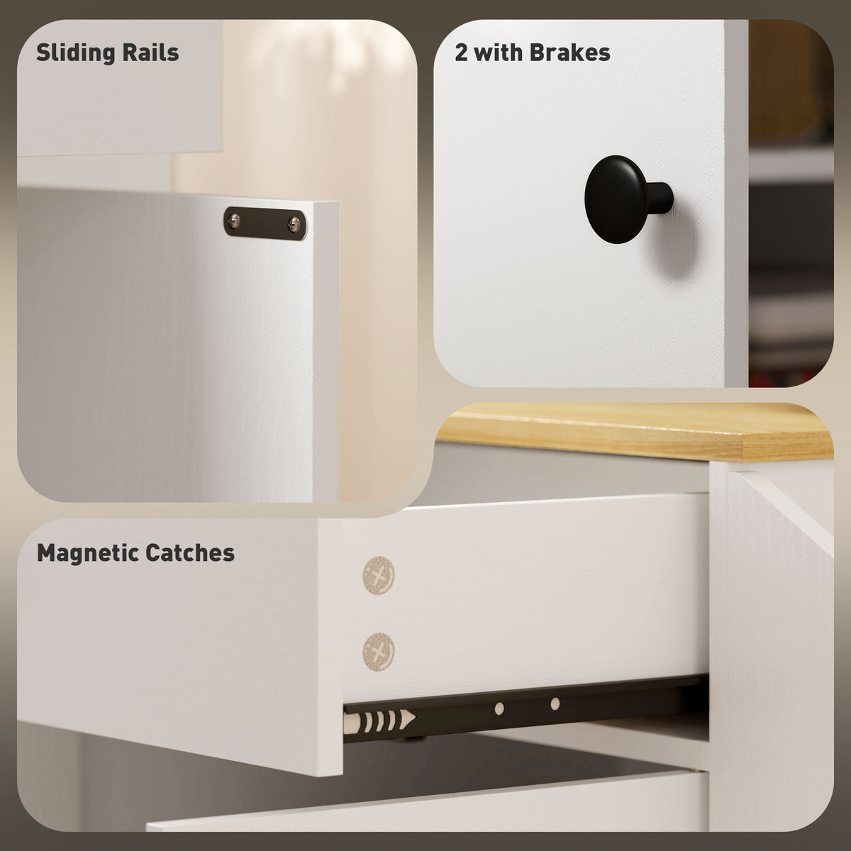 Rolling Kitchen Island with Tabletop, Kitchen Cart with Storage, Drawer, Cabinet, Spice Rack and Towel Bar, White