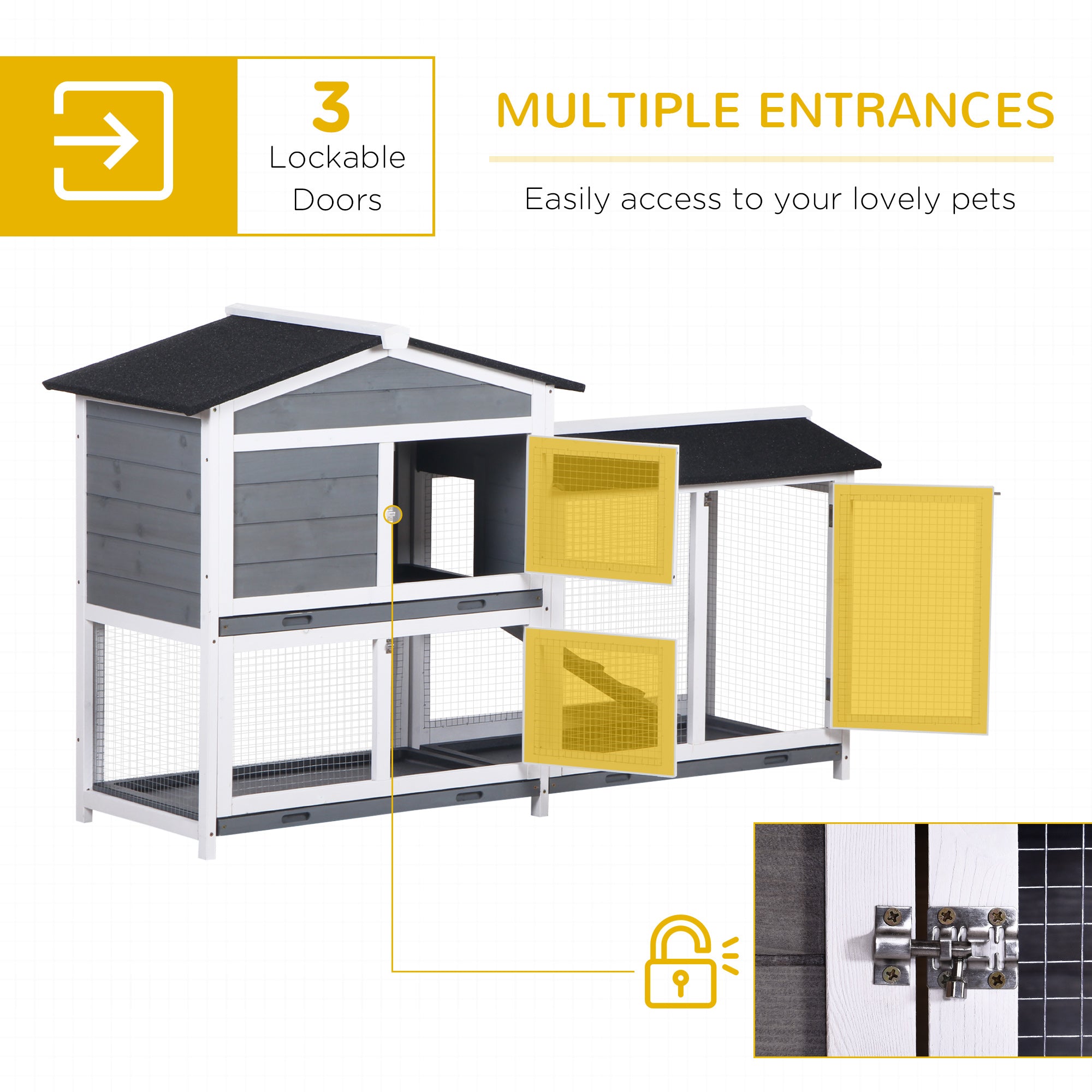 2-tier Indoor Rabbit Enclosure, Wood Hutch Backyard Small Animal House Ramp Outdoor Run Enclosed - Grey - Image 4