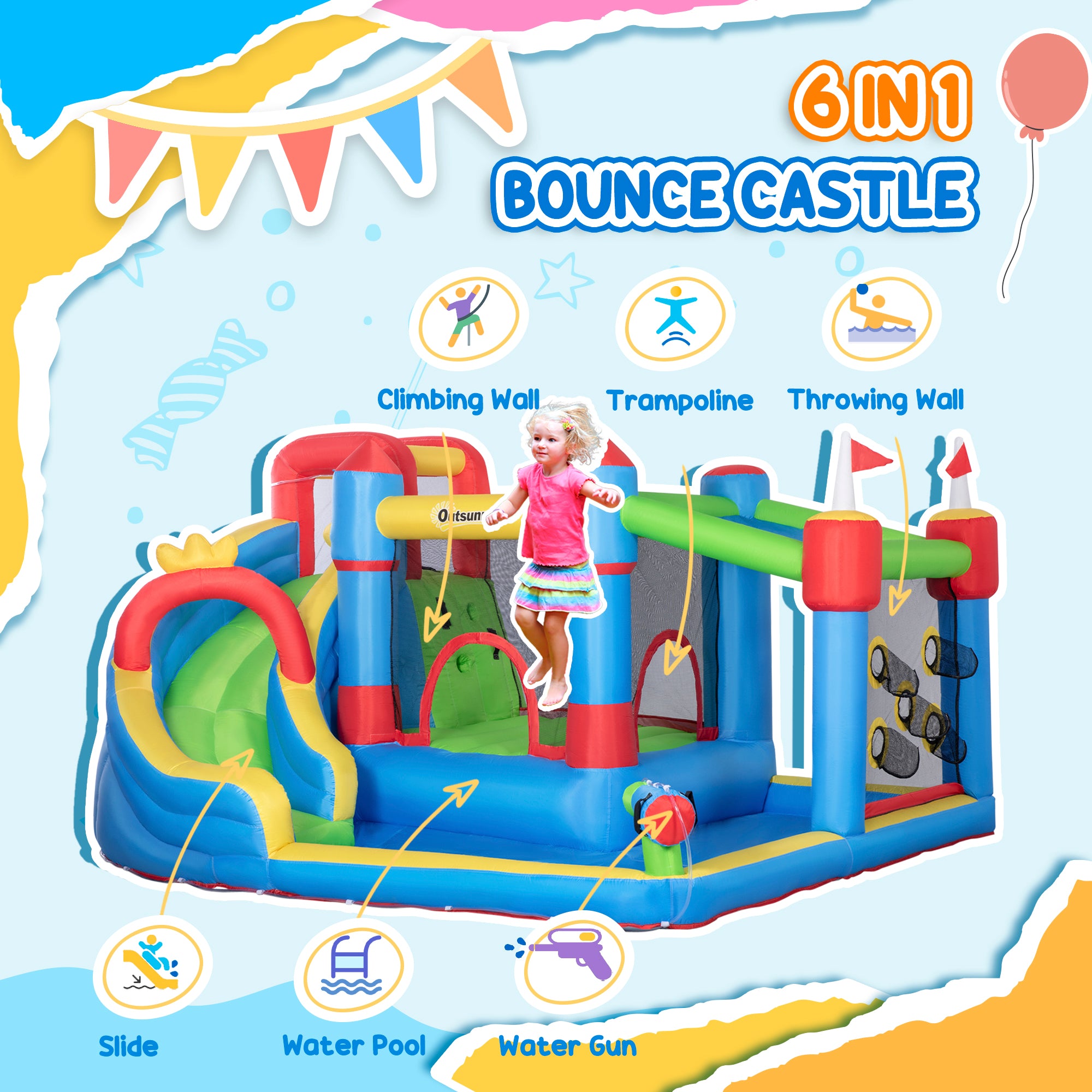 6-in-1 Inflatable Water Slide with Splash Pool, Slide, Climbing Wall, Water Cannon, Inflatable Bounce House for Kids with 2 Min. Inflation