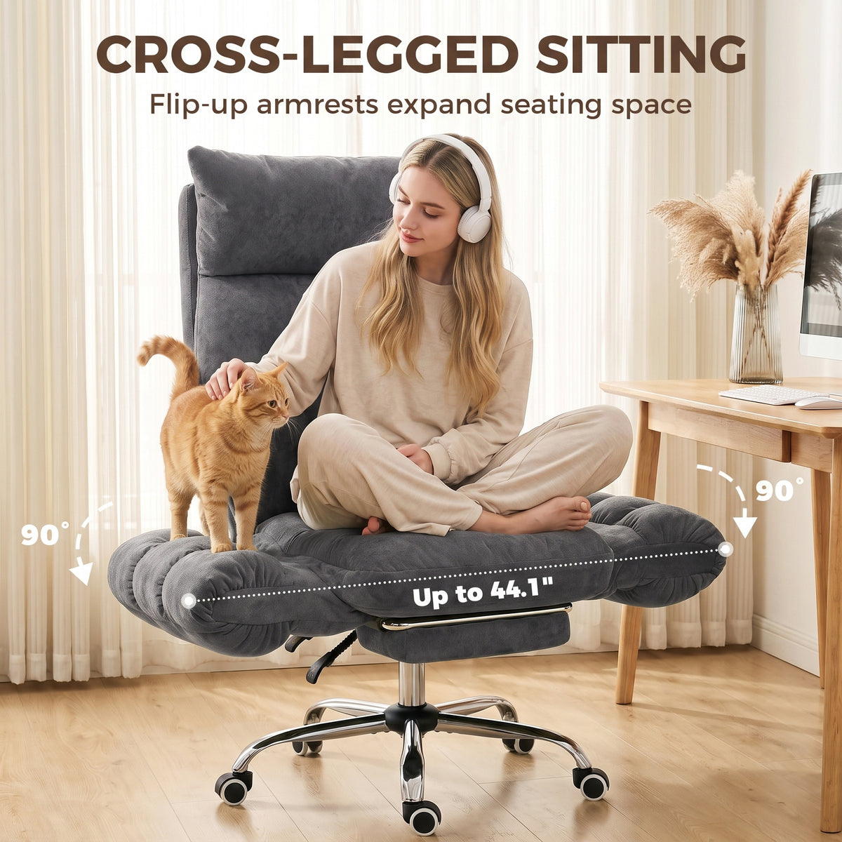 Criss Cross Office Chair with Flip-Up Armrests, Wide Seat, Reclining Cross Legged Desk Chair with Footrest, Dark Gray
