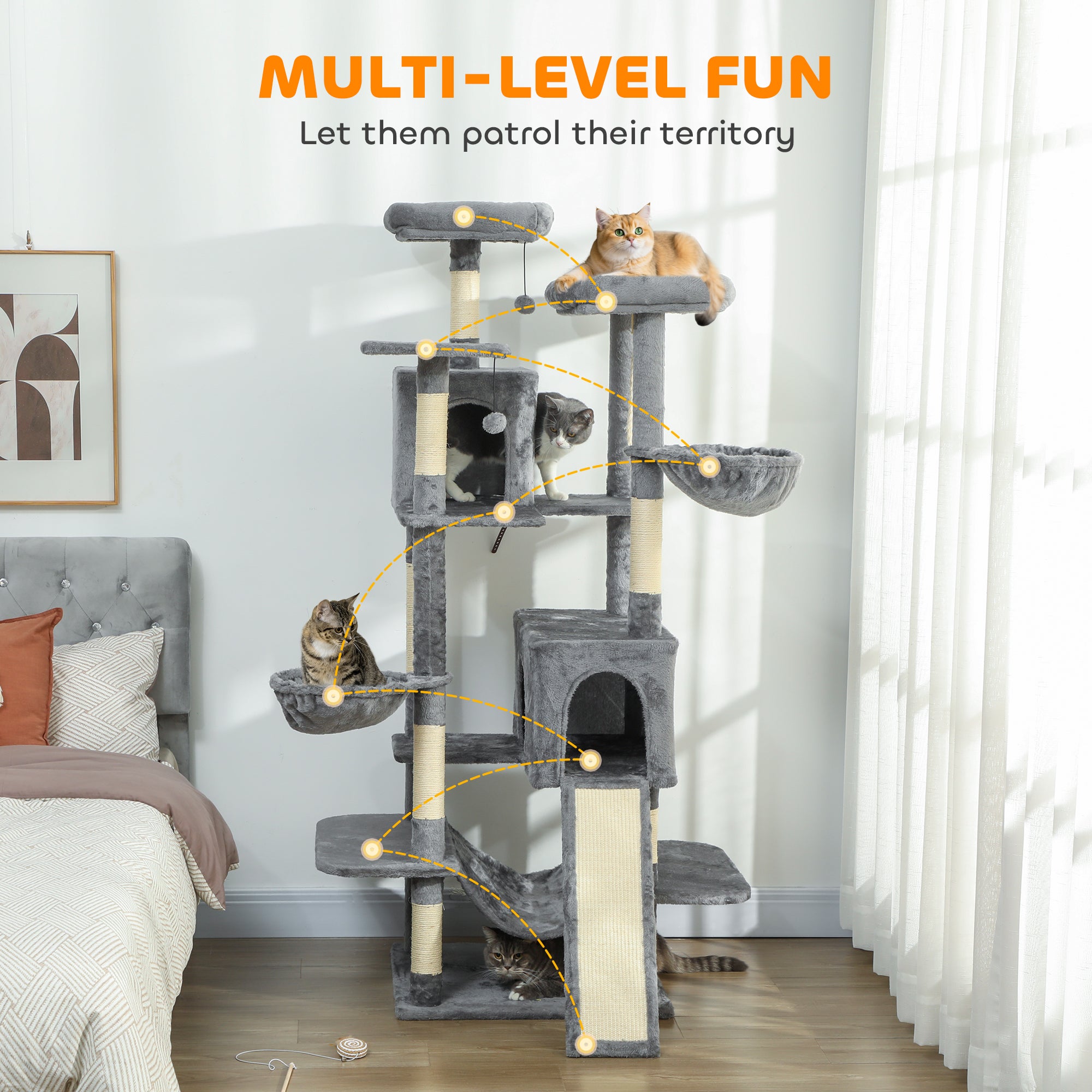 69" Cat Tree, Multi-Level Cat Tower with 2 Condos and 3 Hammocks, 8 Scratching Posts, for Multiple Cats, Dark Gray - Dark Gray - Image 4