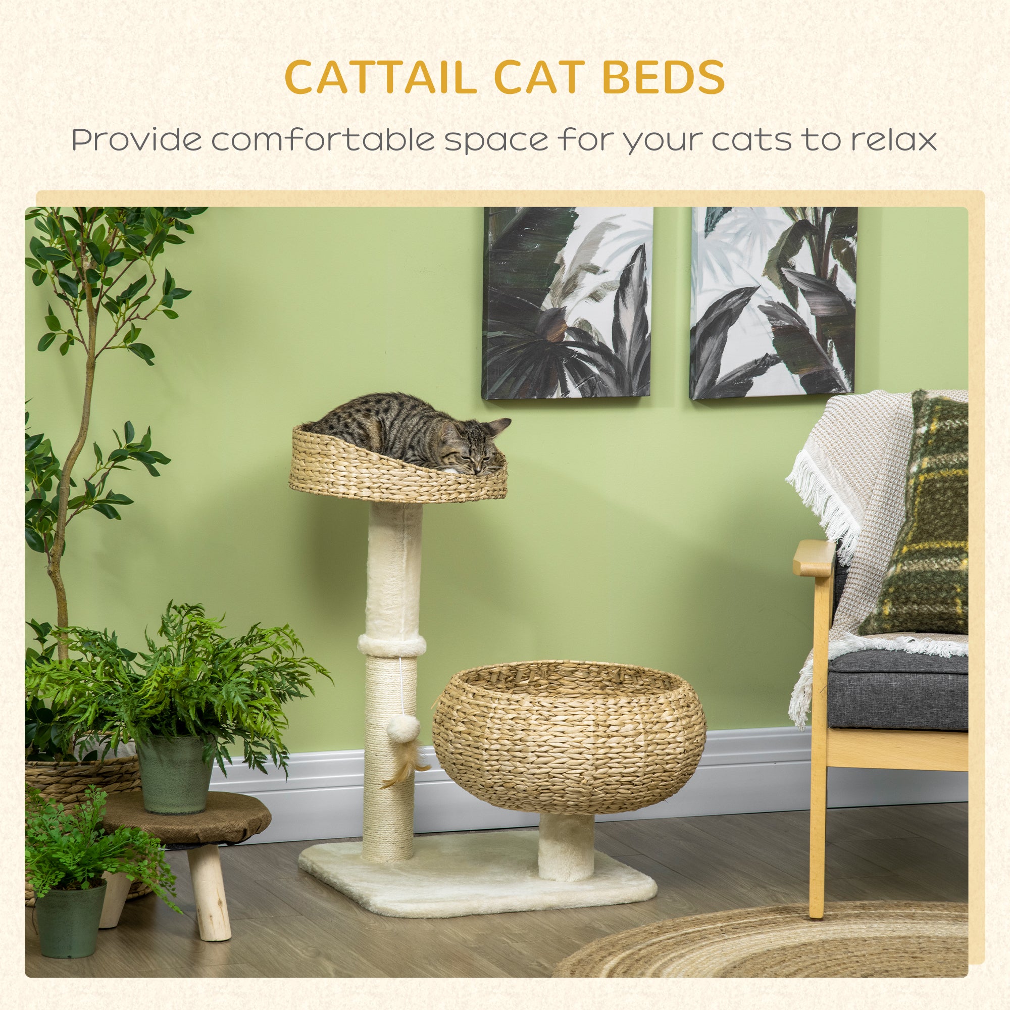 28" Elevated Cat Bed with Sisal Scratching Post for Indoor Kitties, Modern Cat Tree with Cute Basket Design, Small Cat Tree with Fun Ball Toy - Beige - Image 4