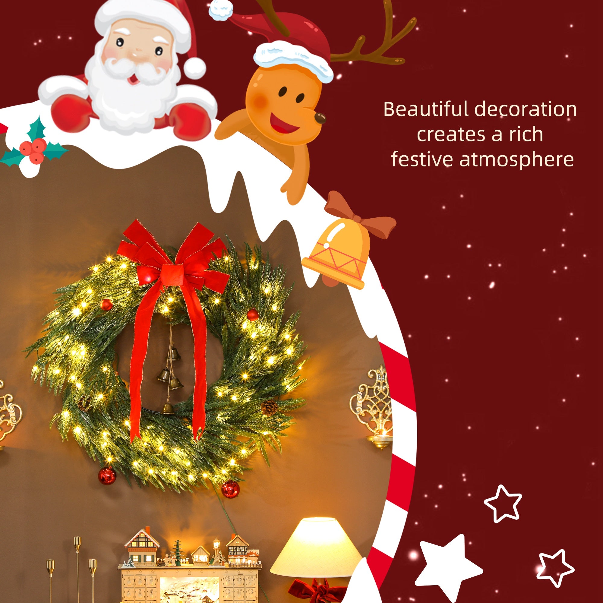 36 Inch Christmas Wreath for Front Door with LED Lights, Prelit Christmas Wreath with 8 Modes and Ornaments, Green
