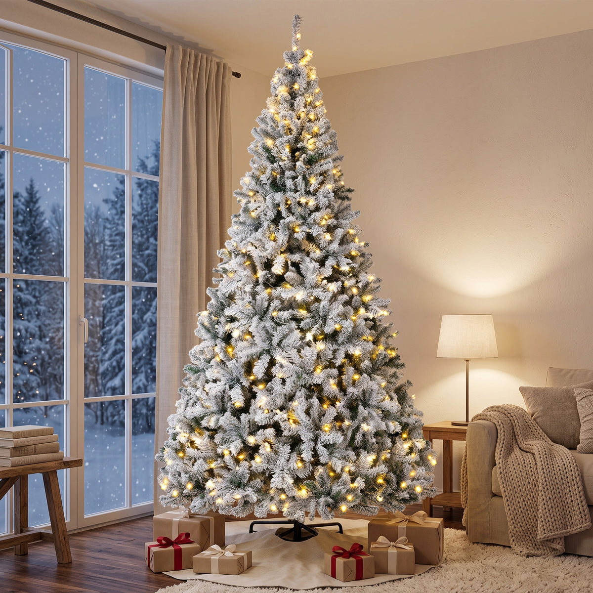 9ft Flocked Prelit Christmas Tree, Fraser Fir, Hinged Xmas Tree with LEDs, Foldable Metal Base, Green White
