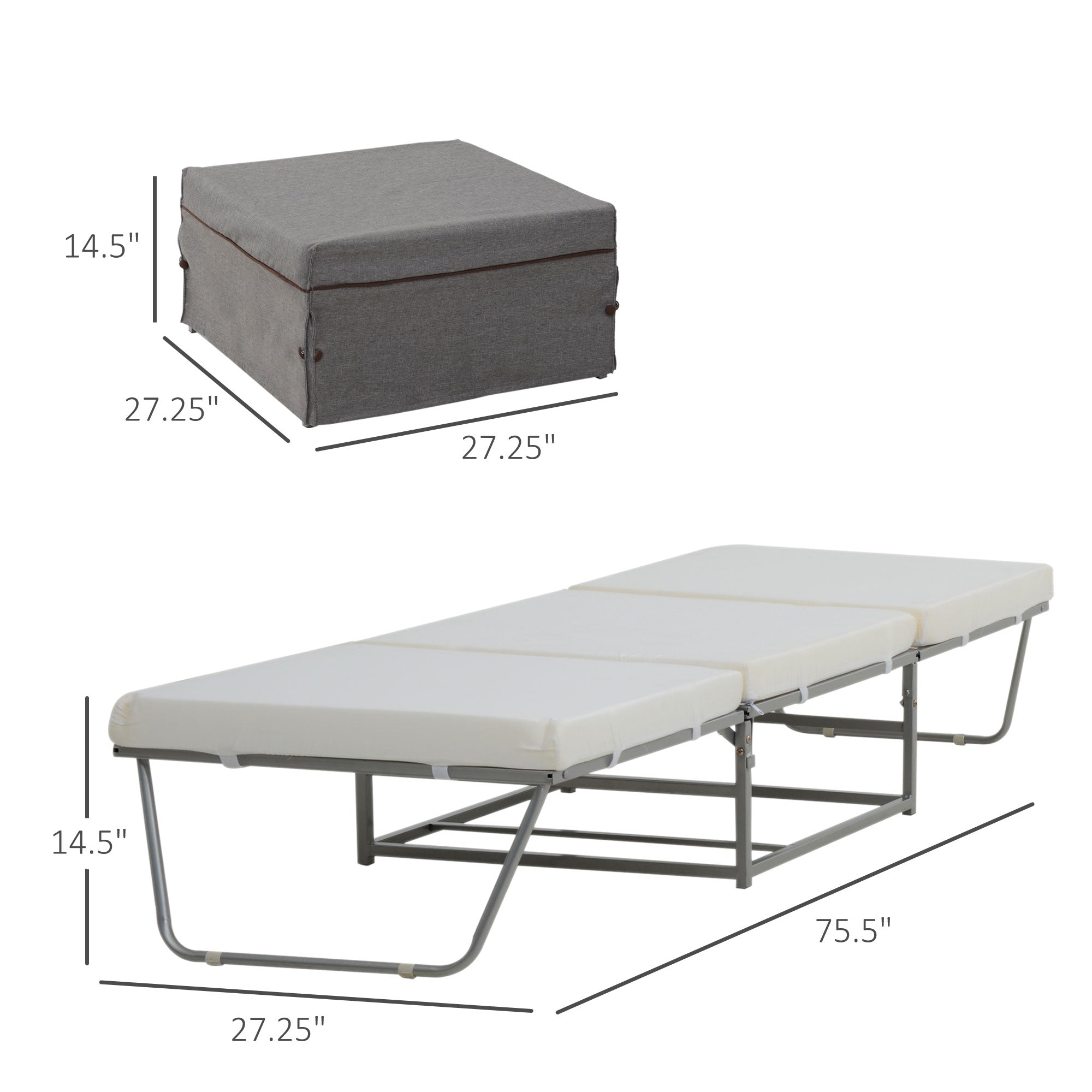 Convertible Ottoman, Guest Sleeper Bed, Gray