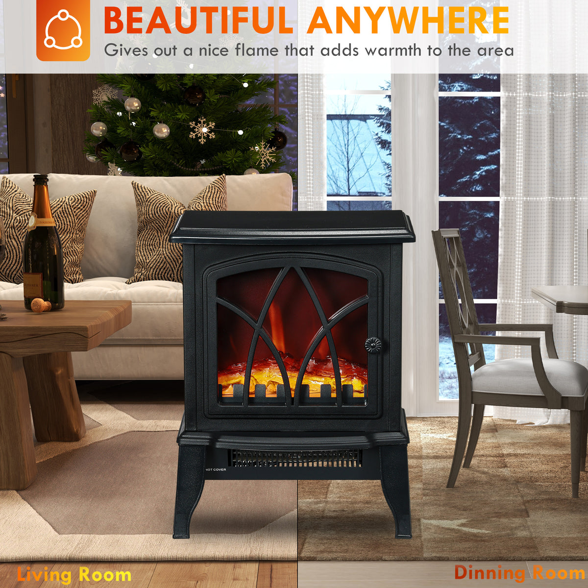 Electric Fireplace Heater, Freestanding Fireplace Stove with Realistic Flames Overheating Protection 750W/1500W, Black