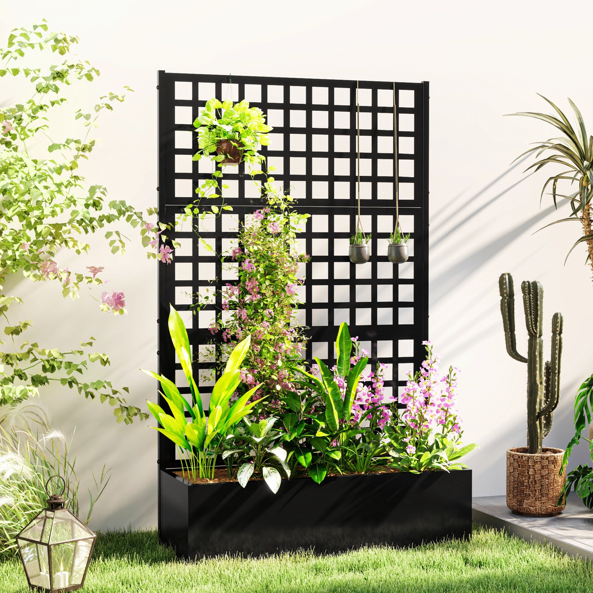 Galvanized Raised Garden Bed Planter Box with Trellis for Climbing Plants, Vegetable, Vines, 43" x 16" x 70", Black - Black - Image 2