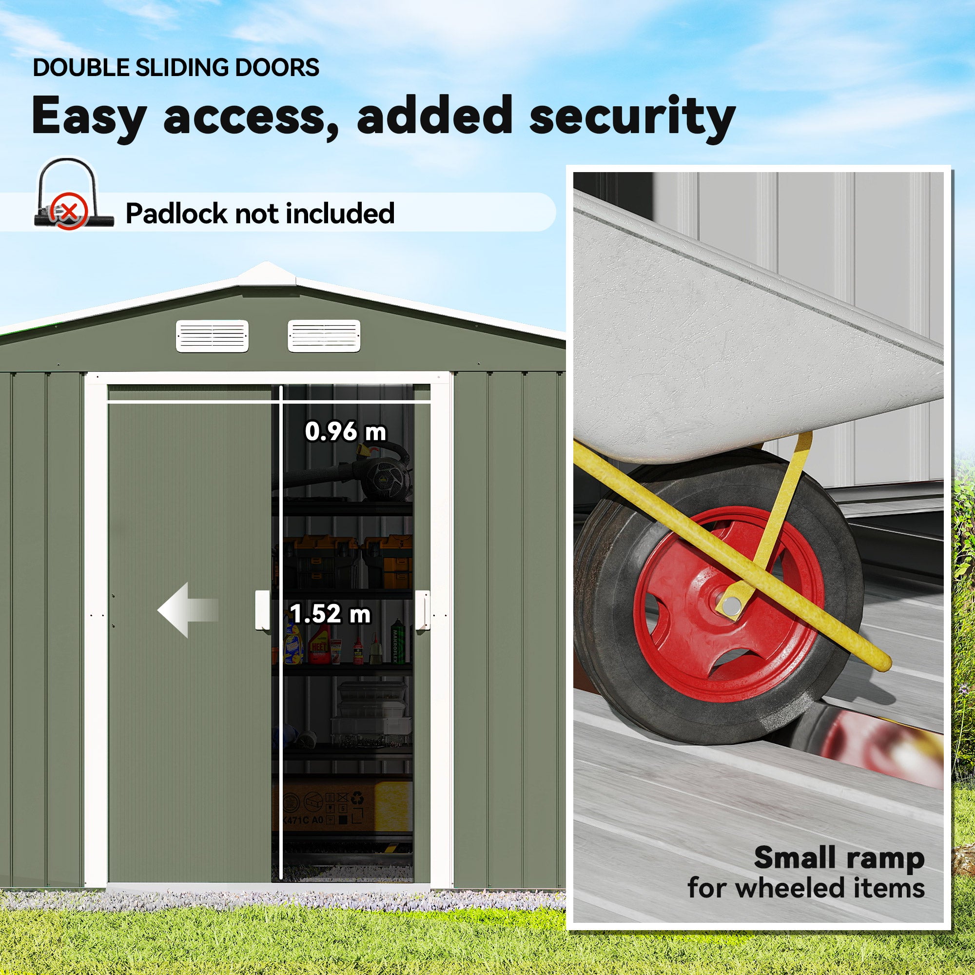 9' x 6' Outdoor Storage Shed, Garden Tool Metal Shed with Foundation Kit, Double Lockable Door, Air Vents and Sloping Roof, for Backyard, Patio, Lawn, Green - Green - Image 5
