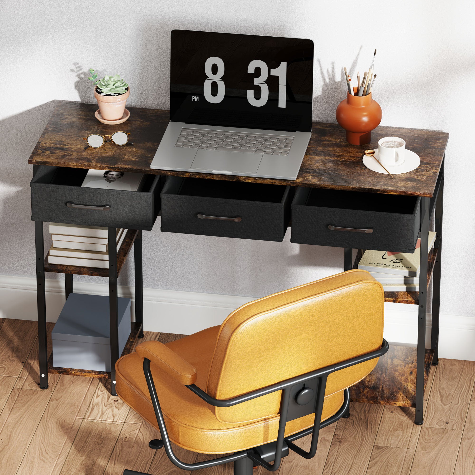 47" Small Computer Desk, Writing Desk with Fabric Drawers, Home Office Desk with Adjustable Shelves, Rustic Brown